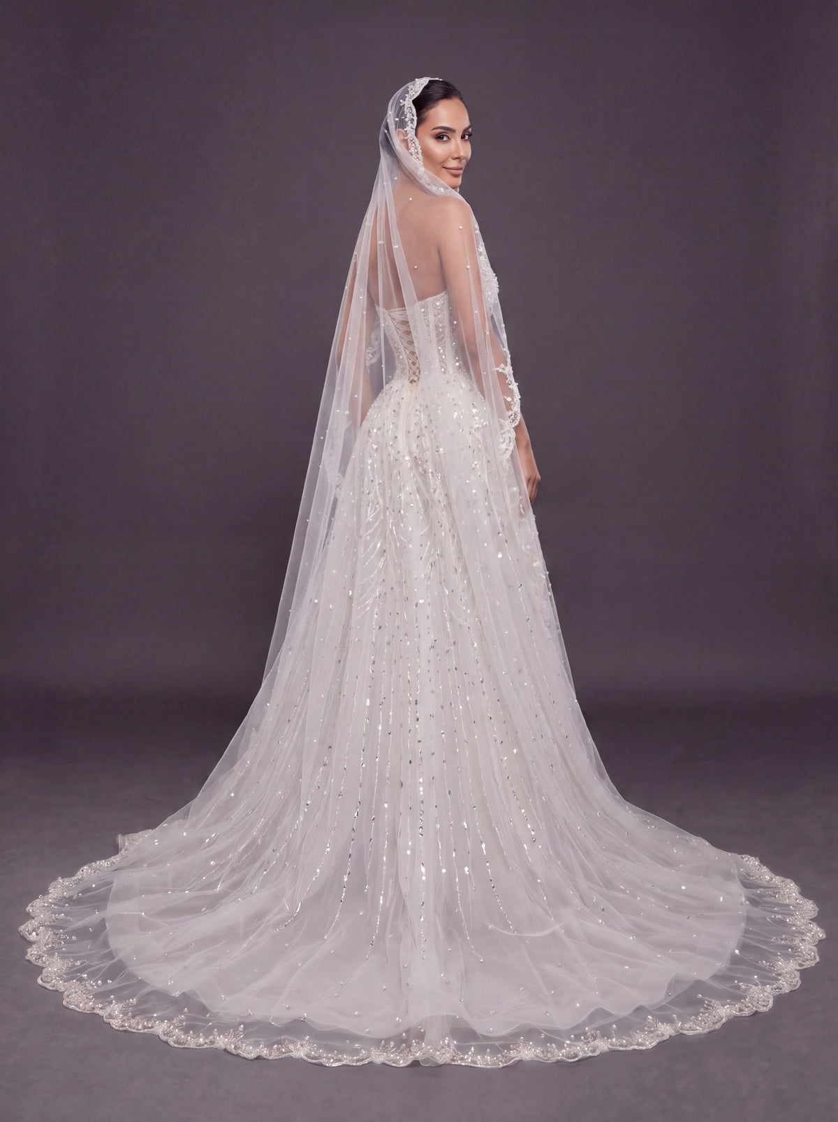 Ivory Crystal Beaded A-Line Wedding Dress & Cathedral Lace Veil – Strapless Corset Bridal Gown with Cathedral Lace Veil