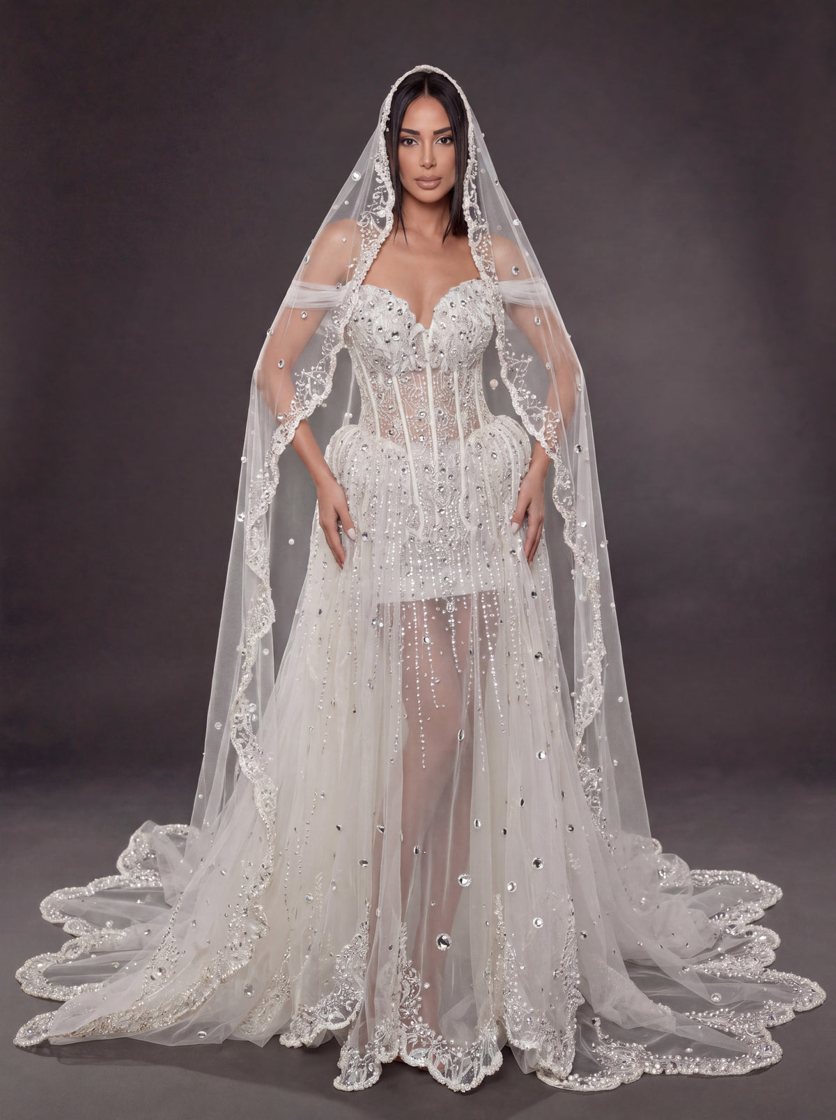 Ivory Crystal & Pearl Sheer Corset Wedding Dress & Cathedral Veil – Detachable Tulle Overskirt Bridal Gown with Cathedral Veil