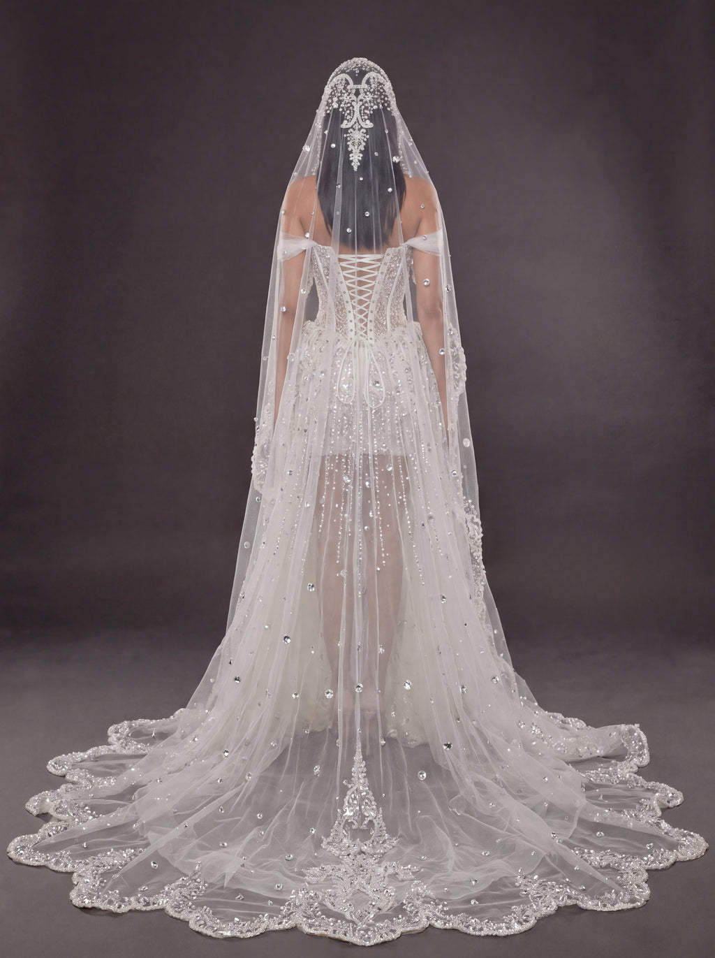 Ivory Crystal & Pearl Sheer Corset Wedding Dress & Cathedral Veil – Detachable Tulle Overskirt Bridal Gown with Cathedral Veil