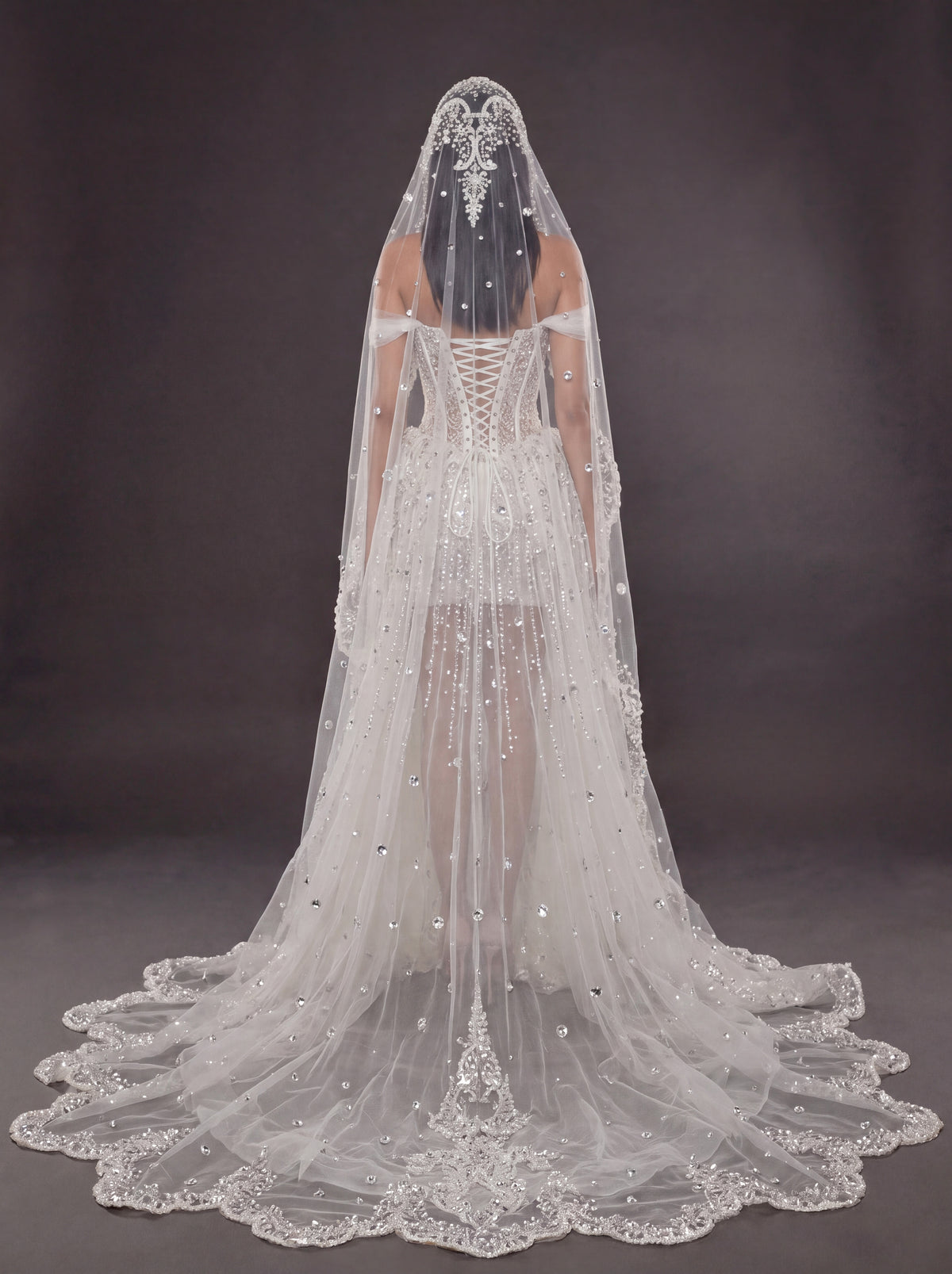 Ivory Crystal & Pearl Sheer Corset Wedding Dress & Cathedral Veil – Detachable Tulle Overskirt Bridal Gown with Cathedral Veil