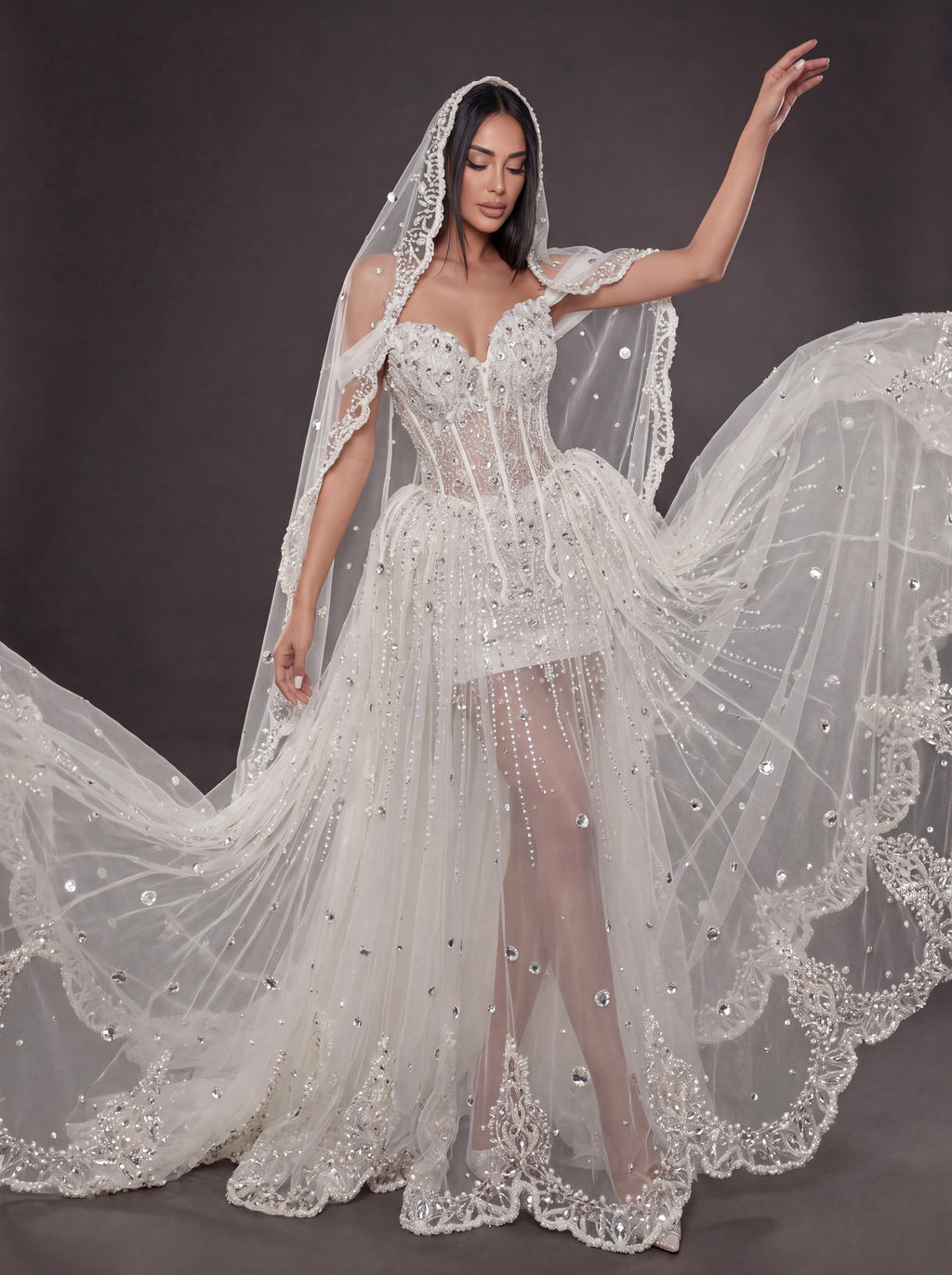 Ivory Crystal & Pearl Sheer Corset Wedding Dress & Cathedral Veil – Detachable Tulle Overskirt Bridal Gown with Cathedral Veil