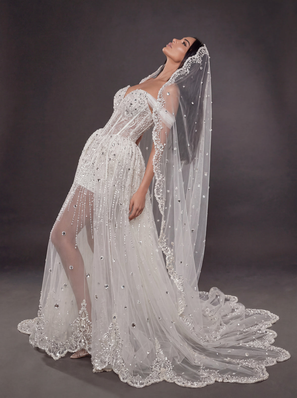 Ivory Crystal & Pearl Sheer Corset Wedding Dress & Cathedral Veil – Detachable Tulle Overskirt Bridal Gown with Cathedral Veil