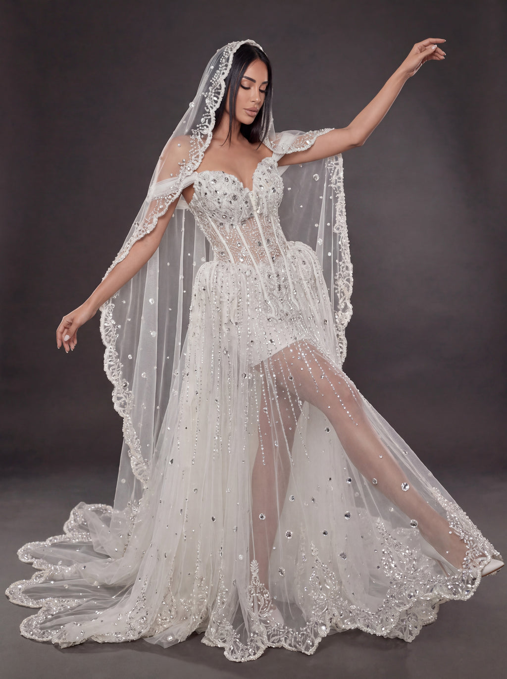 Ivory Crystal & Pearl Sheer Corset Wedding Dress & Cathedral Veil – Detachable Tulle Overskirt Bridal Gown with Cathedral Veil