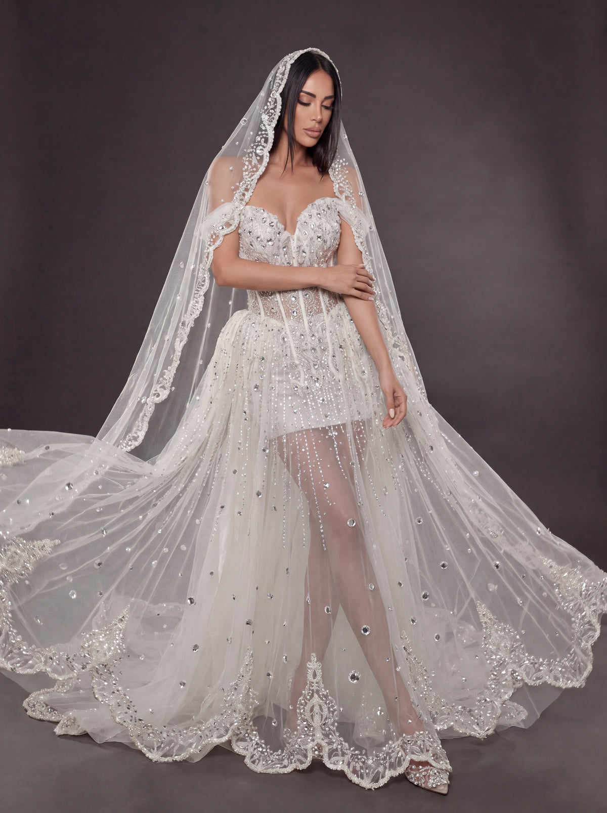 Ivory Crystal & Pearl Sheer Corset Wedding Dress & Cathedral Veil – Detachable Tulle Overskirt Bridal Gown with Cathedral Veil