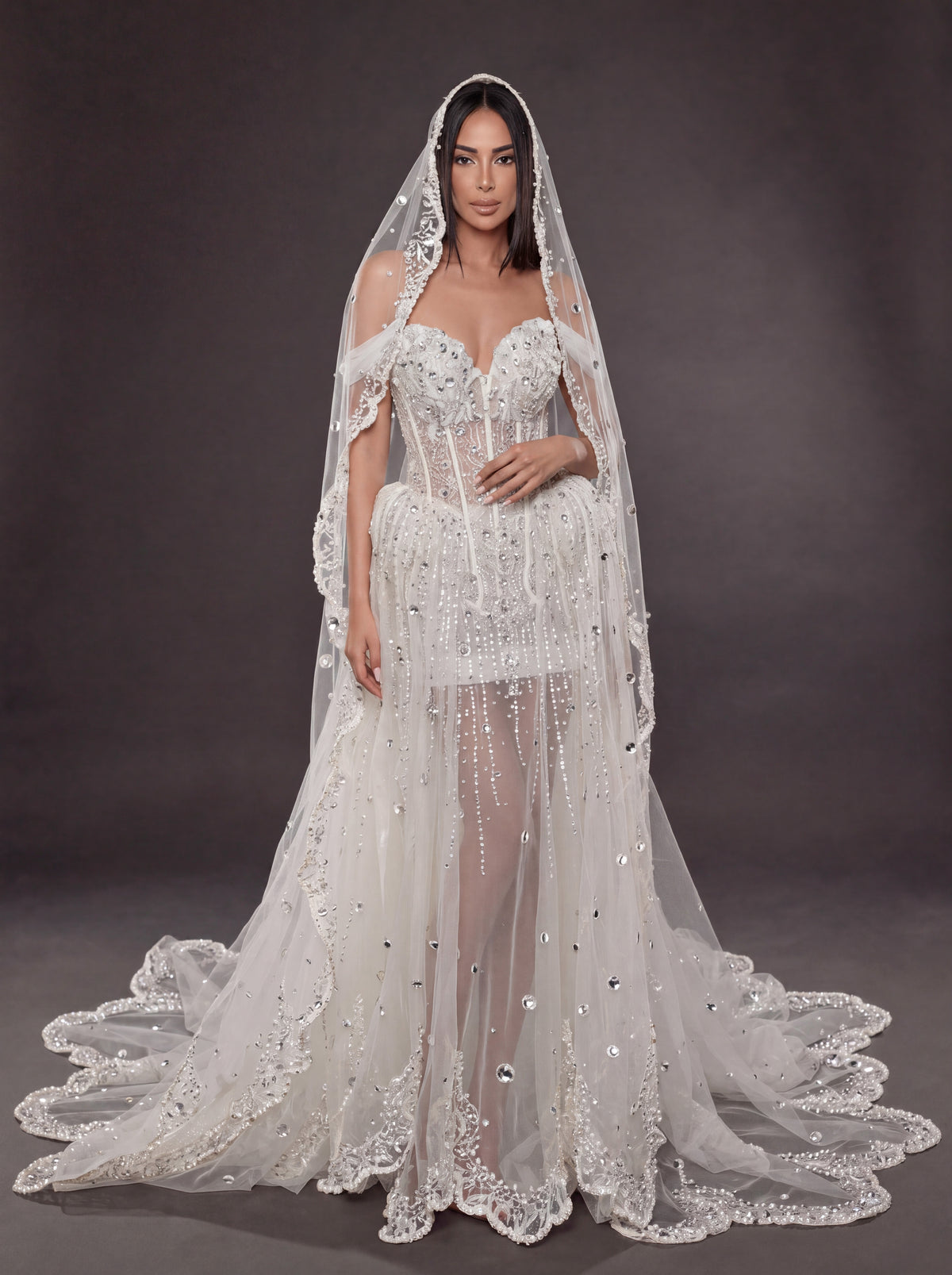 Ivory Crystal & Pearl Sheer Corset Wedding Dress & Cathedral Veil – Detachable Tulle Overskirt Bridal Gown with Cathedral Veil