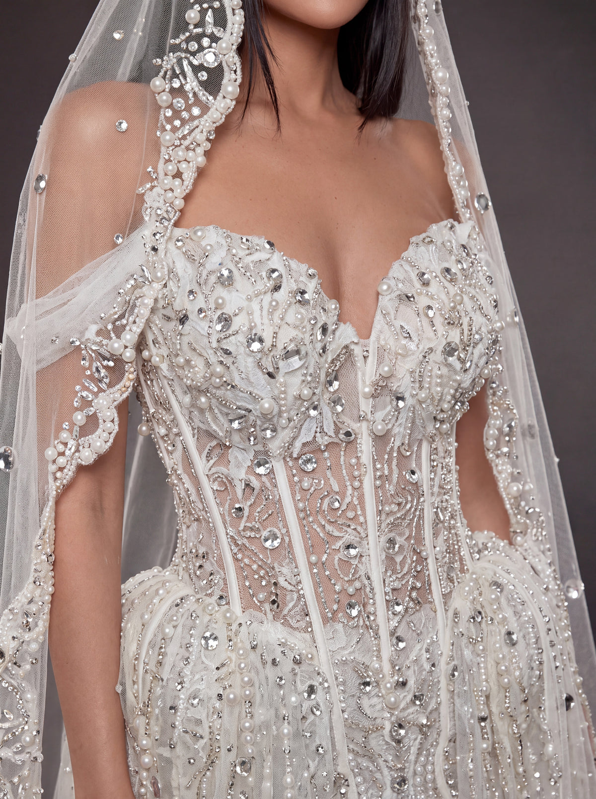 Ivory Crystal & Pearl Sheer Corset Wedding Dress & Cathedral Veil – Detachable Tulle Overskirt Bridal Gown with Cathedral Veil