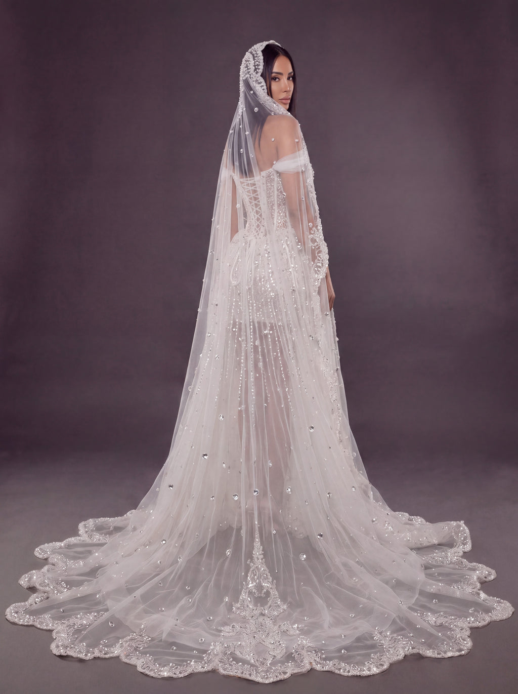 Ivory Crystal & Pearl Sheer Corset Wedding Dress & Cathedral Veil – Detachable Tulle Overskirt Bridal Gown with Cathedral Veil