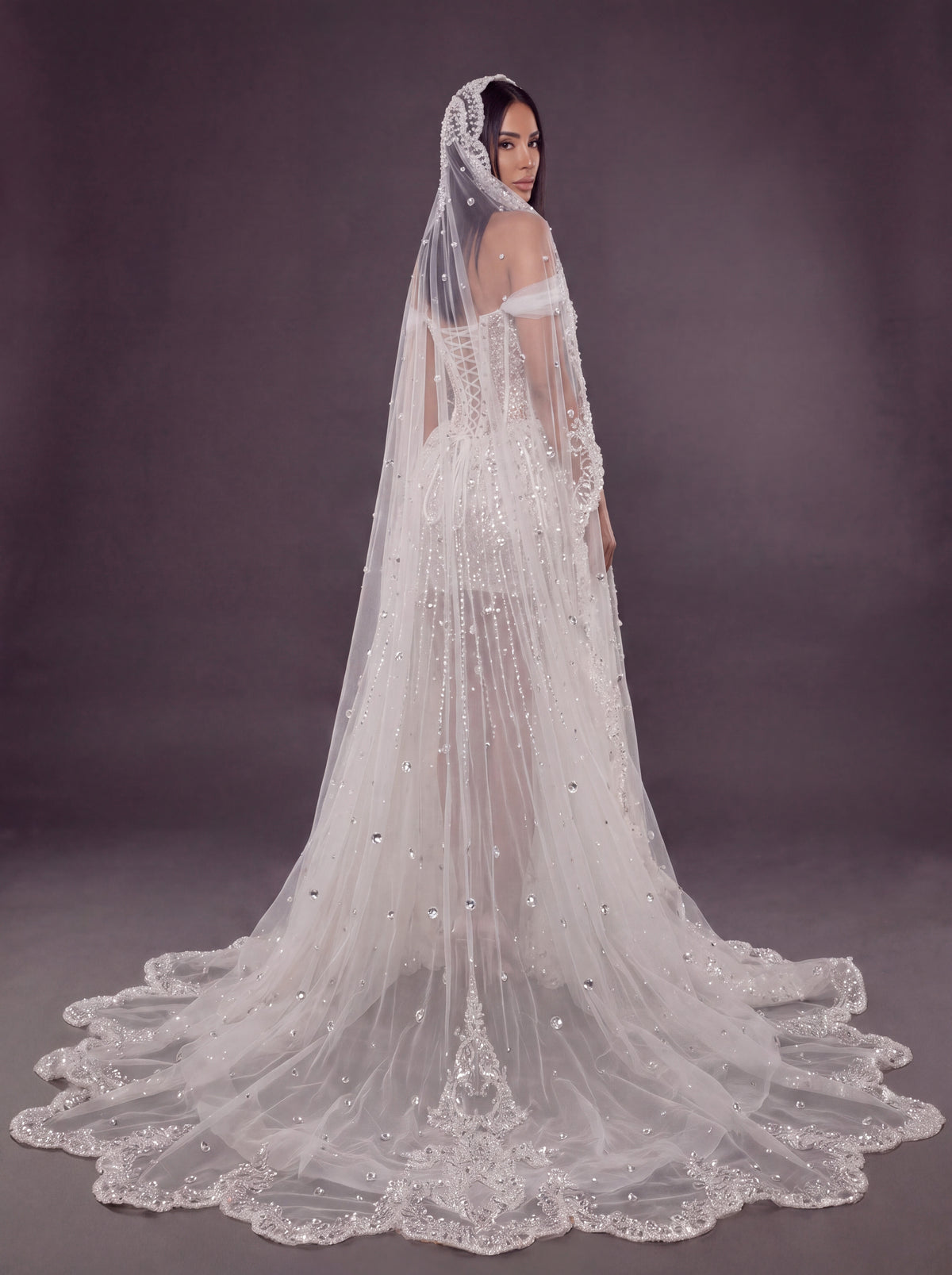 Ivory Crystal & Pearl Sheer Corset Wedding Dress & Cathedral Veil – Detachable Tulle Overskirt Bridal Gown with Cathedral Veil