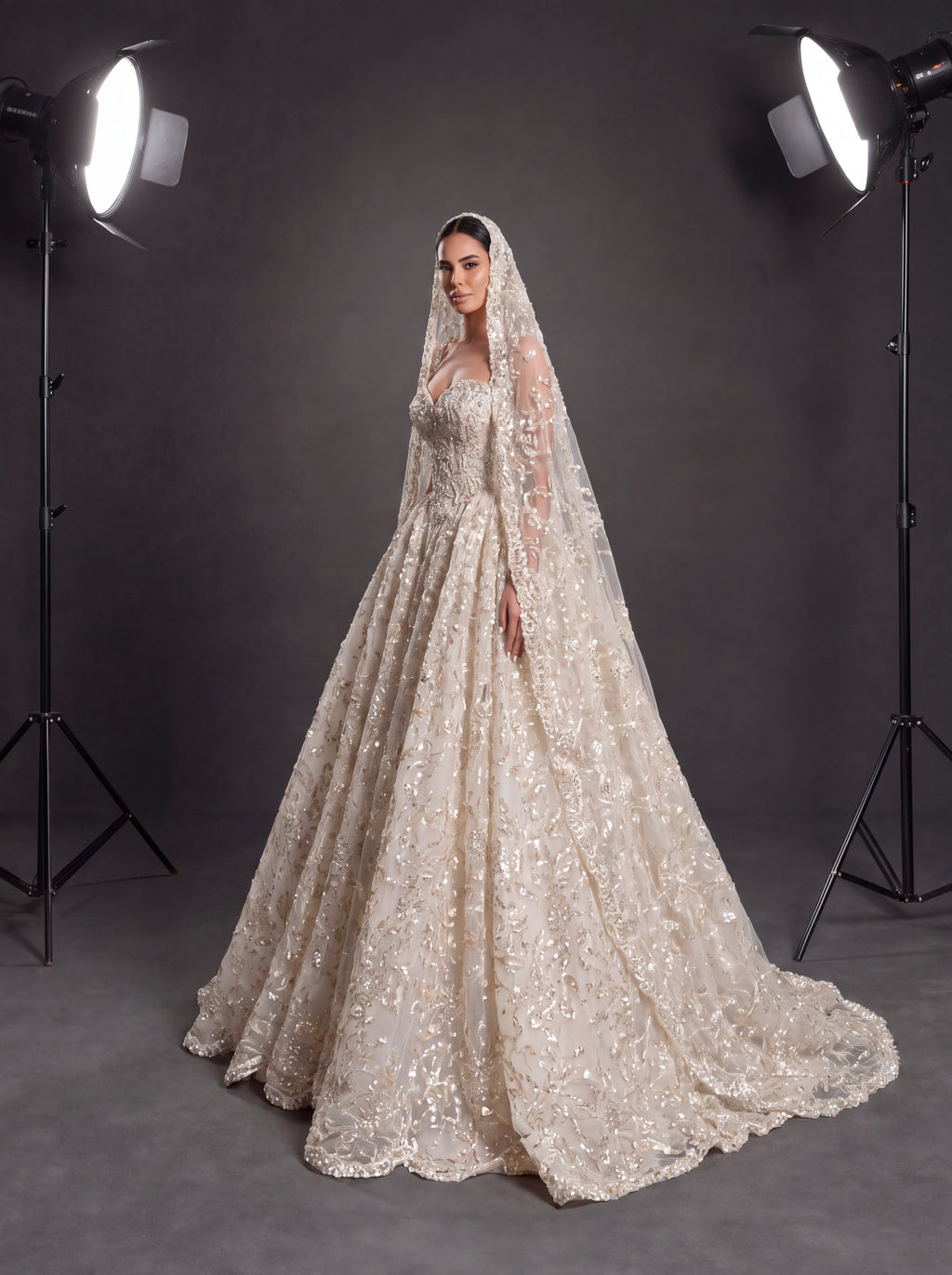 Champagne Ivory 3D Floral Embellished Ball Gown Wedding Dress – Corset Bridal Gown with Cathedral Train & Veil