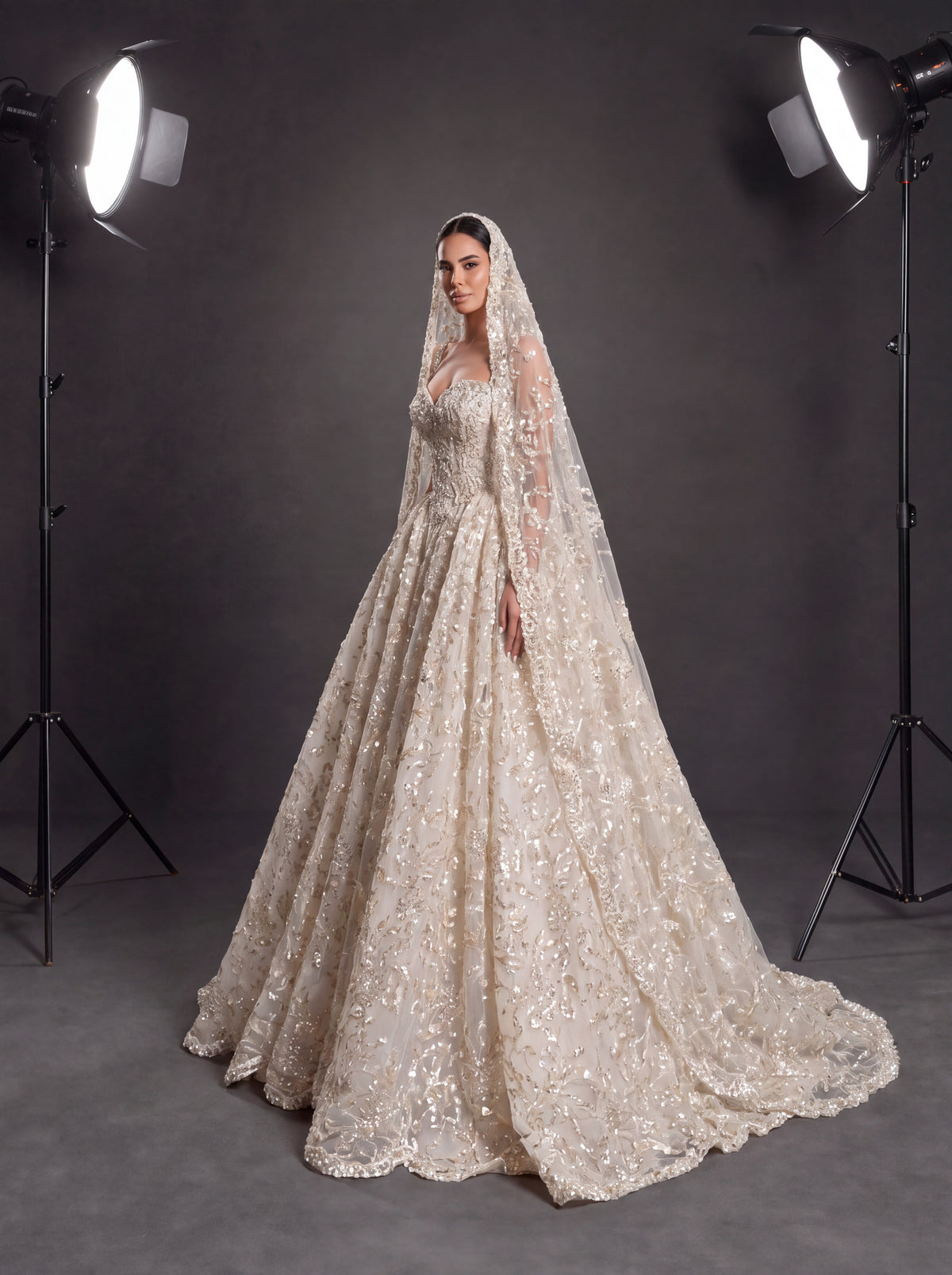Champagne Ivory 3D Floral Embellished Ball Gown Wedding Dress – Corset Bridal Gown with Cathedral Train & Veil
