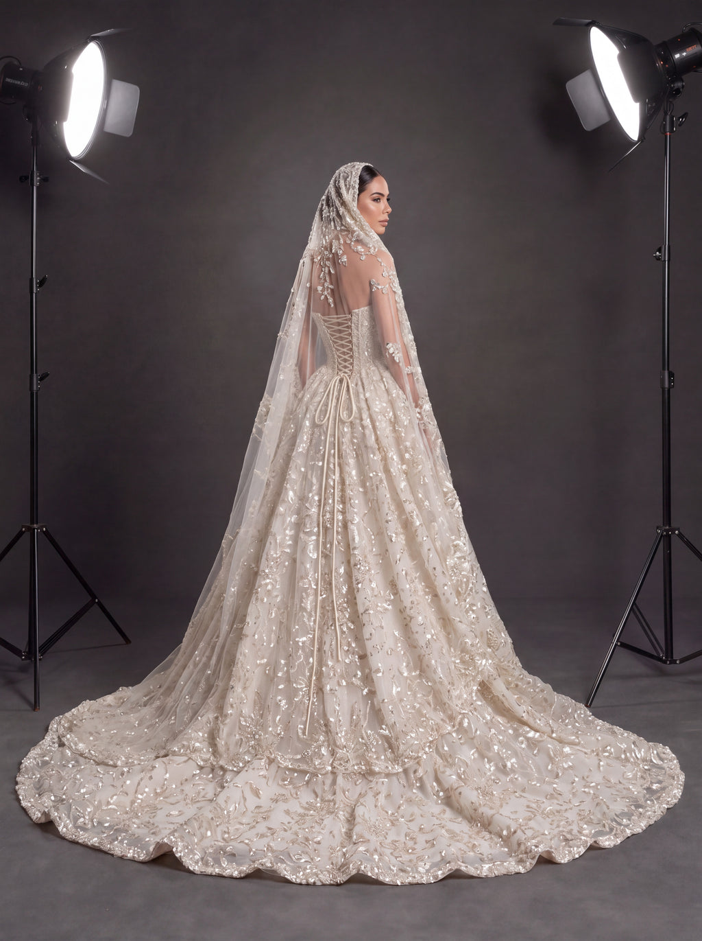 Champagne Ivory 3D Floral Embellished Ball Gown Wedding Dress – Corset Bridal Gown with Cathedral Train & Veil