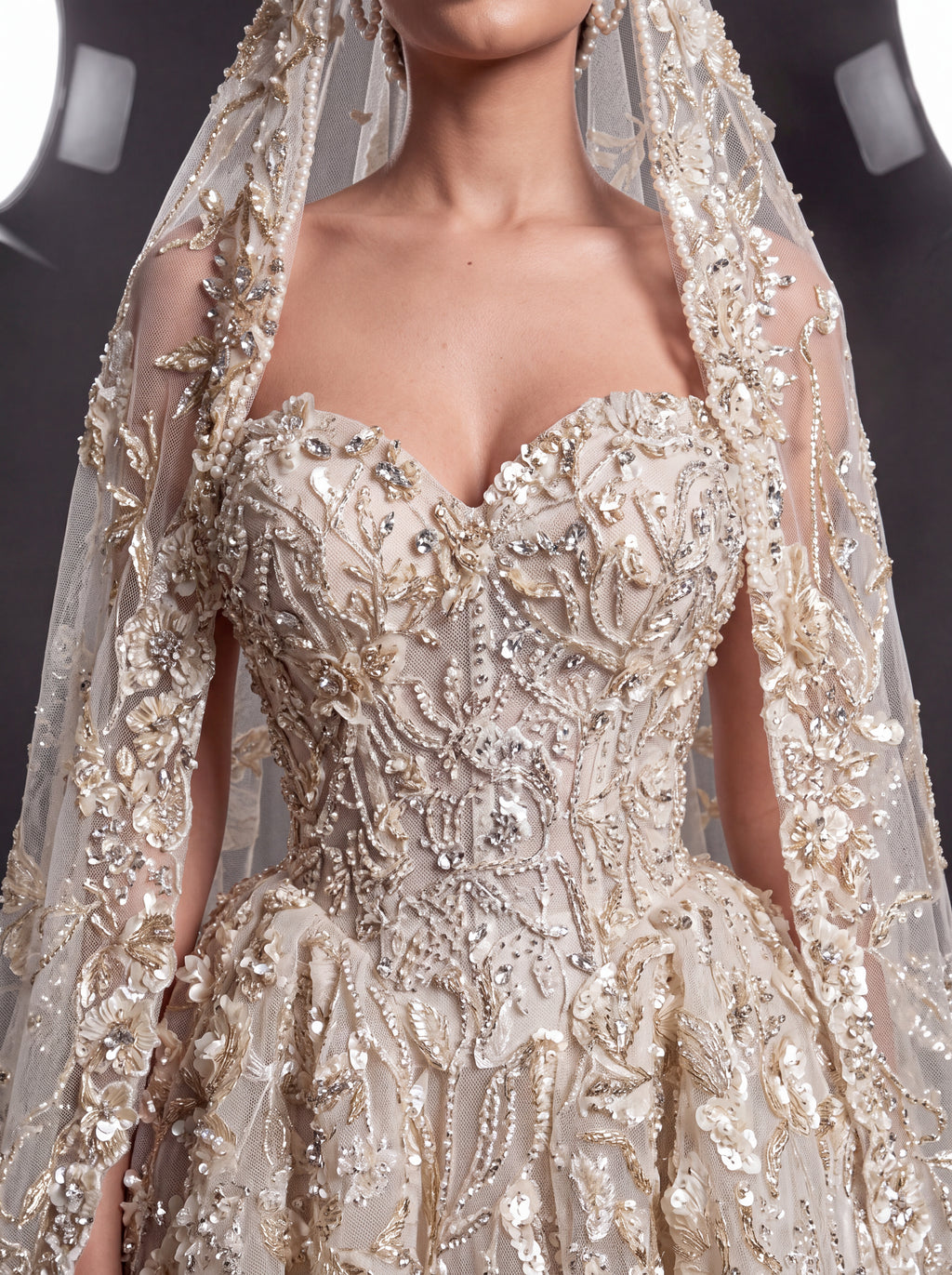 Champagne Ivory 3D Floral Embellished Ball Gown Wedding Dress – Corset Bridal Gown with Cathedral Train & Veil