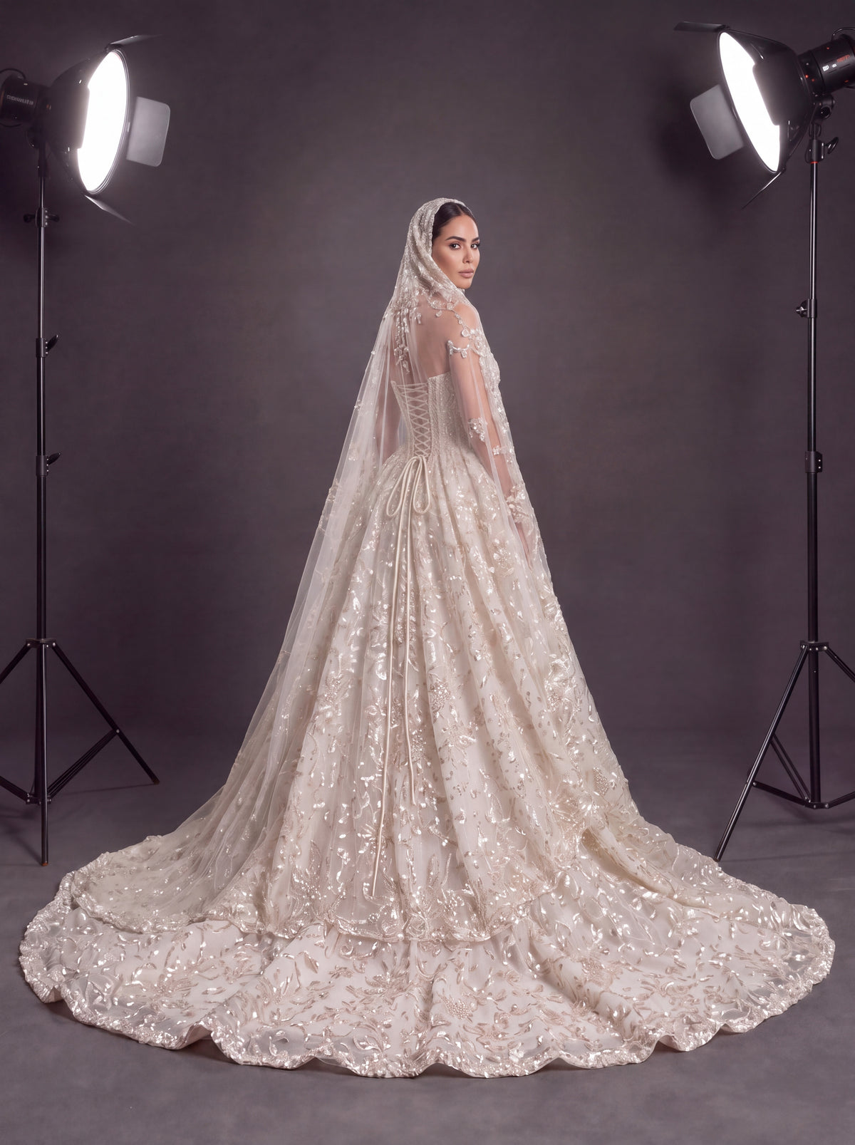 Champagne Ivory 3D Floral Embellished Ball Gown Wedding Dress – Corset Bridal Gown with Cathedral Train & Veil
