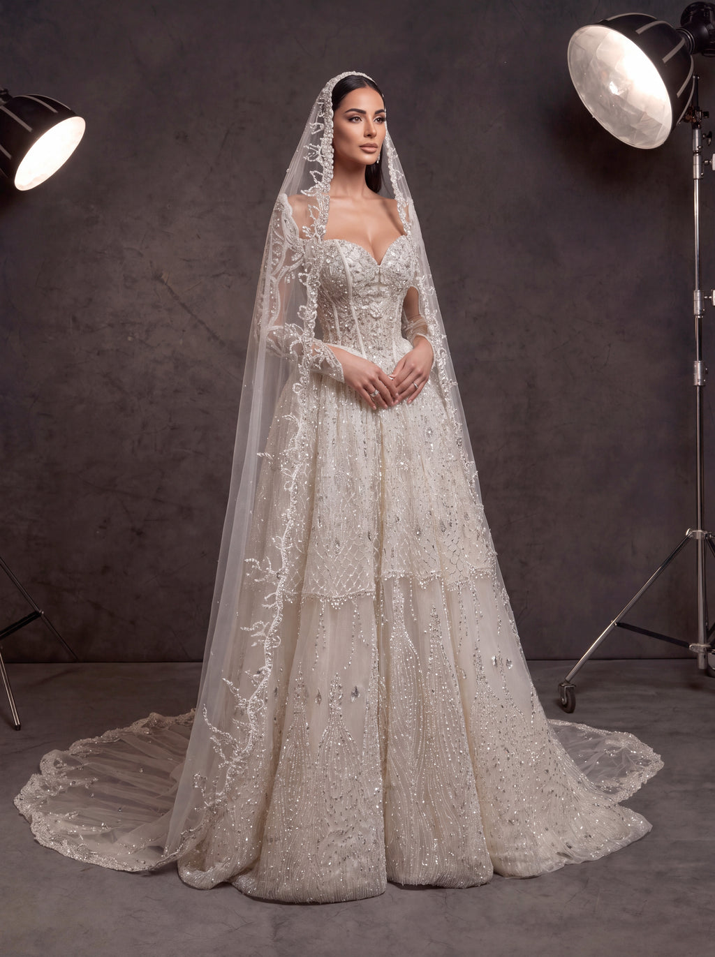 Ivory Crystal Beaded Corset Ball Gown Wedding Dress – Sweetheart Bridal Gown with Detachable Sleeves, Cathedral Veil & Train