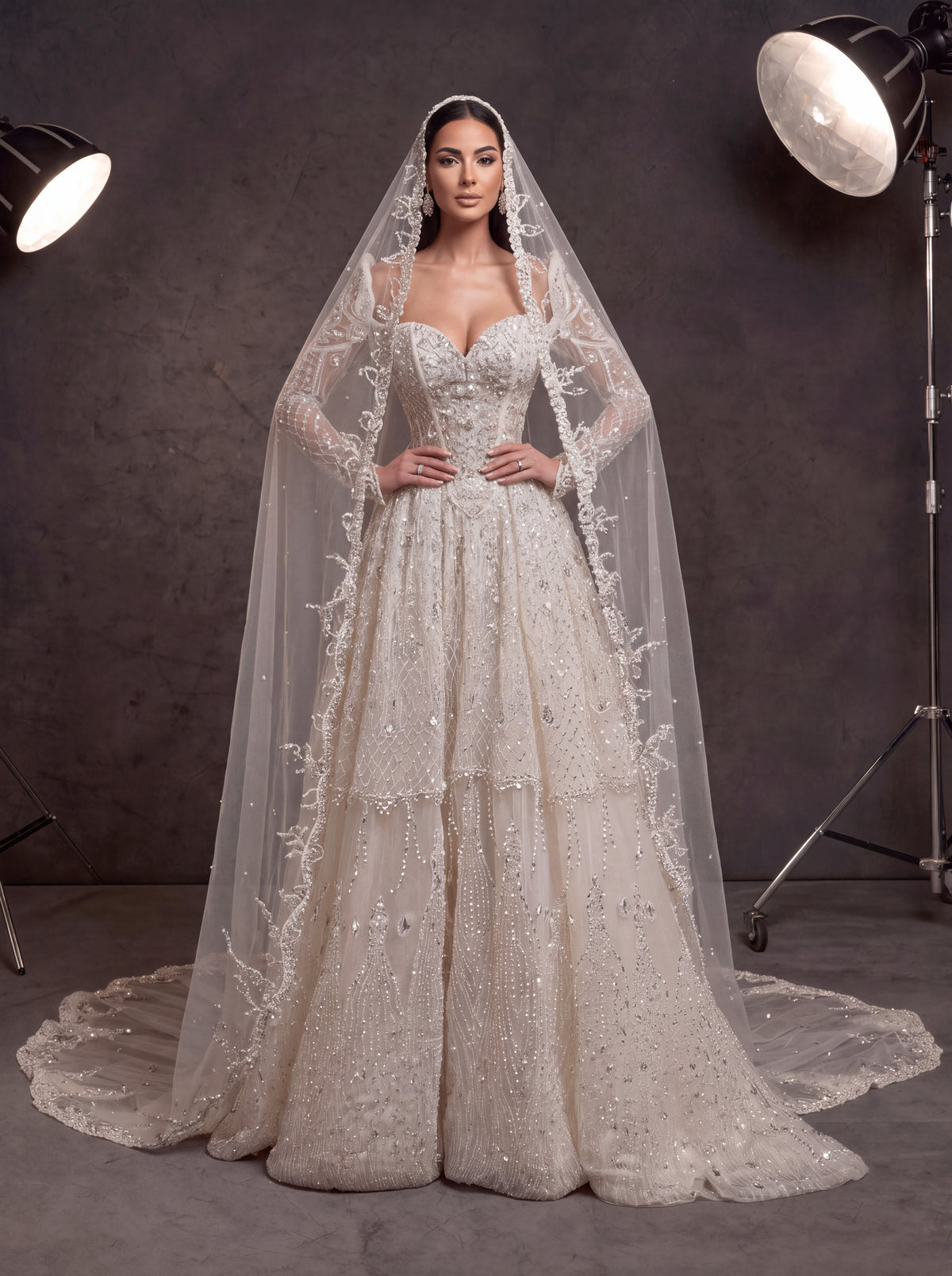 Ivory Crystal Beaded Corset Ball Gown Wedding Dress – Sweetheart Bridal Gown with Detachable Sleeves, Cathedral Veil & Train