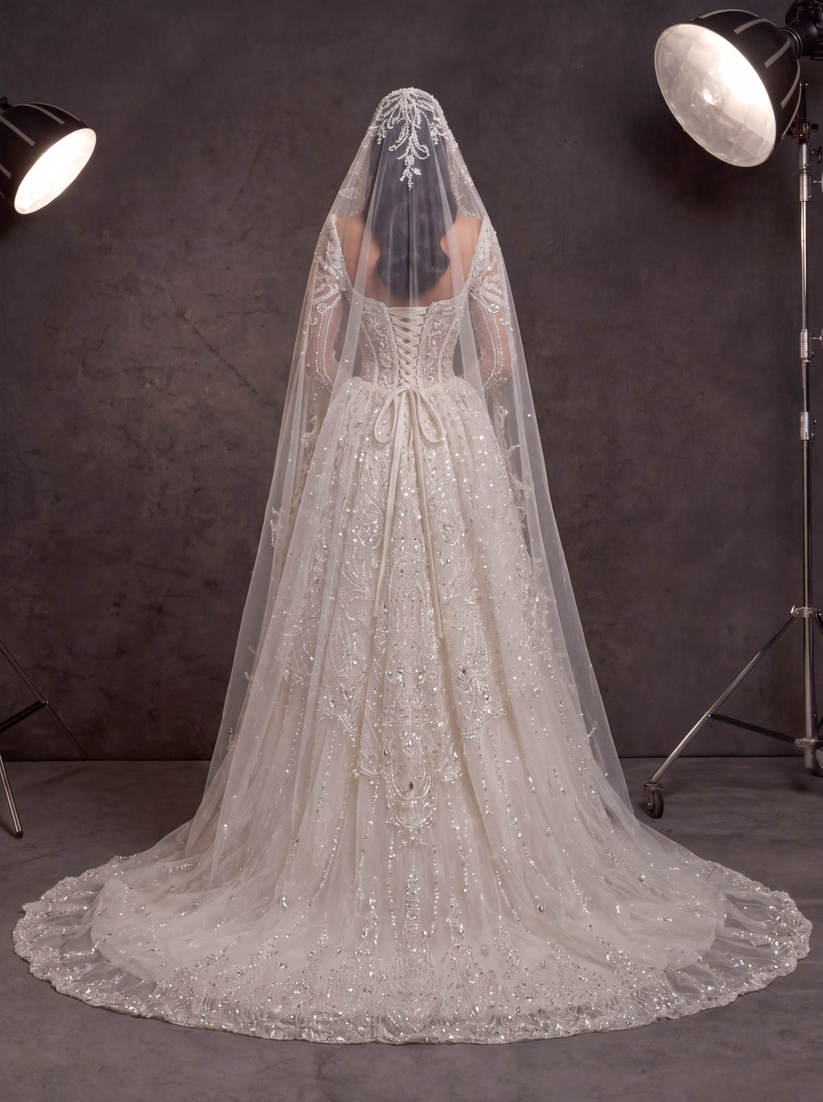 Ivory Crystal Beaded Corset Ball Gown Wedding Dress – Sweetheart Bridal Gown with Detachable Sleeves, Cathedral Veil & Train