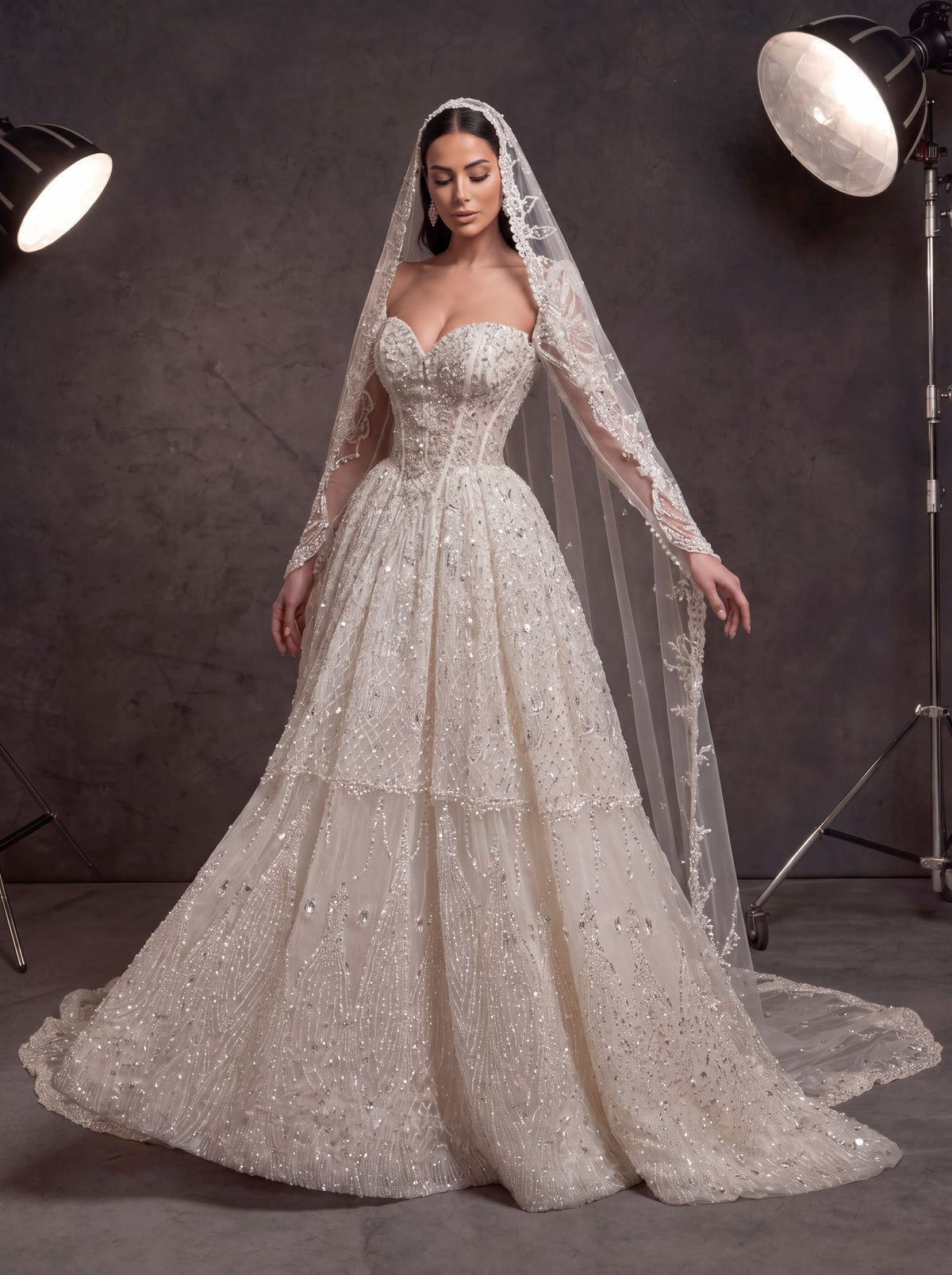 Ivory Crystal Beaded Corset Ball Gown Wedding Dress – Sweetheart Bridal Gown with Detachable Sleeves, Cathedral Veil & Train