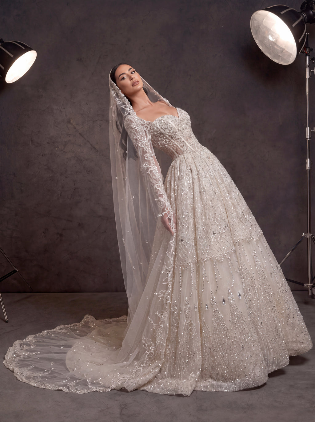 Ivory Crystal Beaded Corset Ball Gown Wedding Dress – Sweetheart Bridal Gown with Detachable Sleeves, Cathedral Veil & Train