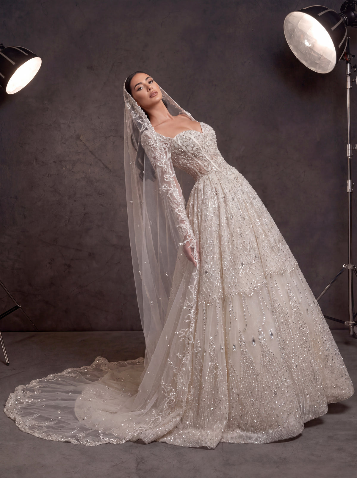 Ivory Crystal Beaded Corset Ball Gown Wedding Dress – Sweetheart Bridal Gown with Detachable Sleeves, Cathedral Veil & Train