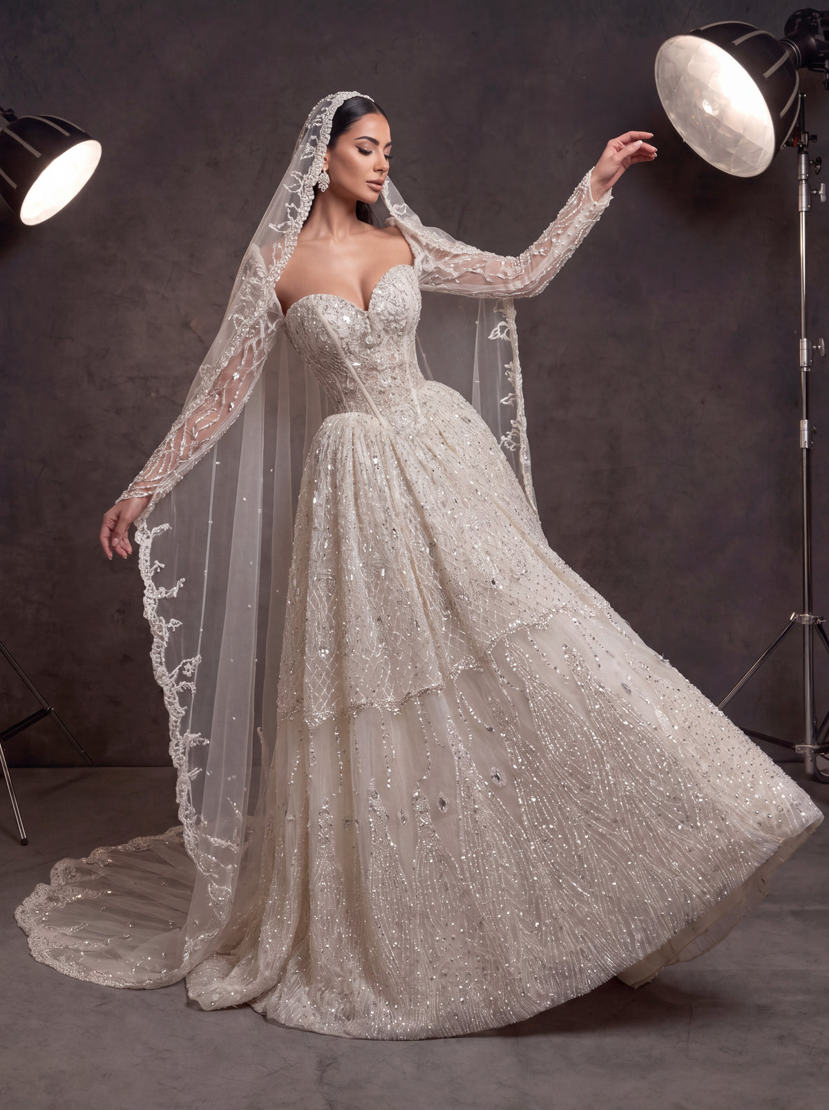 Ivory Crystal Beaded Corset Ball Gown Wedding Dress – Sweetheart Bridal Gown with Detachable Sleeves, Cathedral Veil & Train