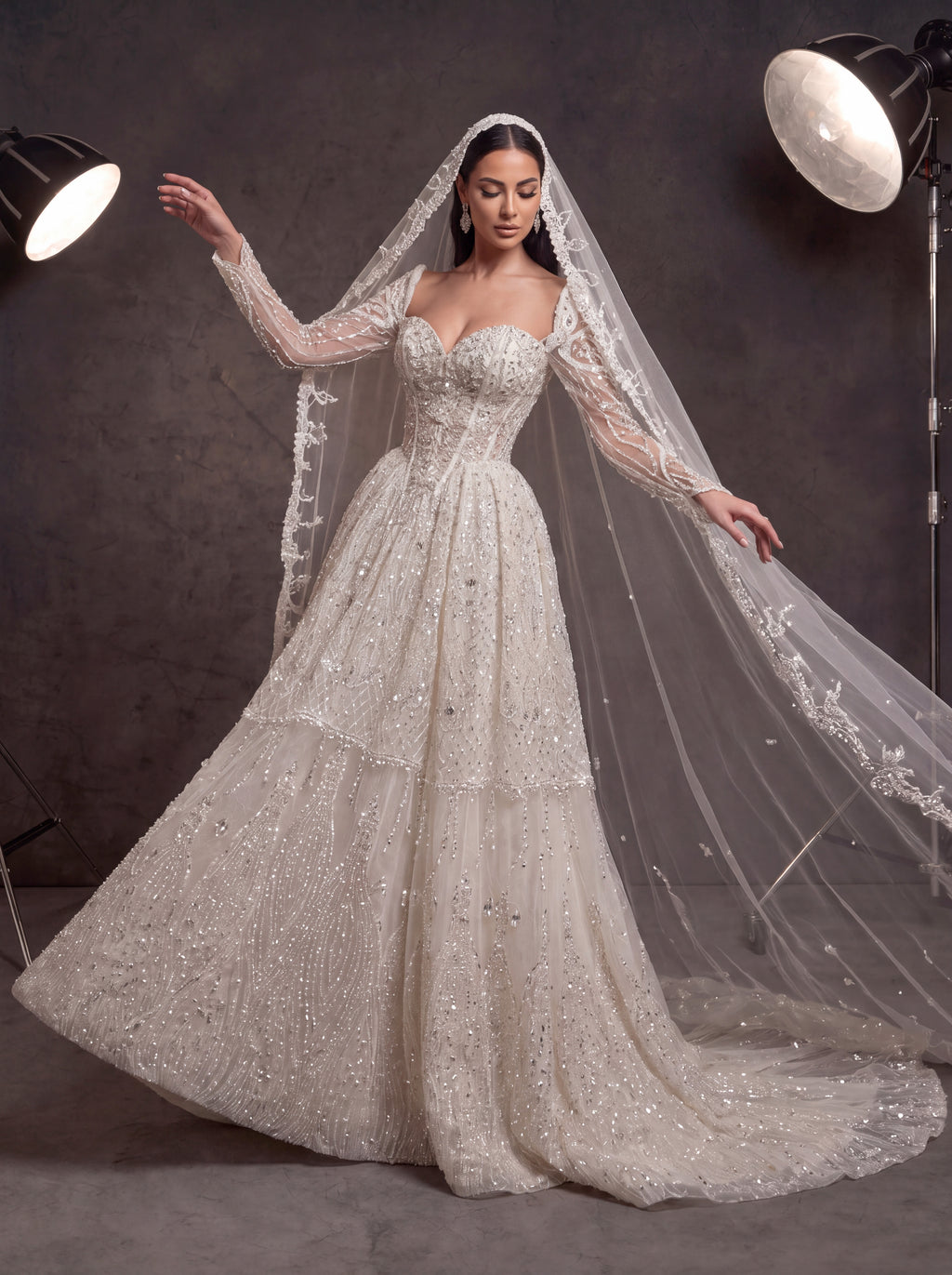 Ivory Crystal Beaded Corset Ball Gown Wedding Dress – Sweetheart Bridal Gown with Detachable Sleeves, Cathedral Veil & Train