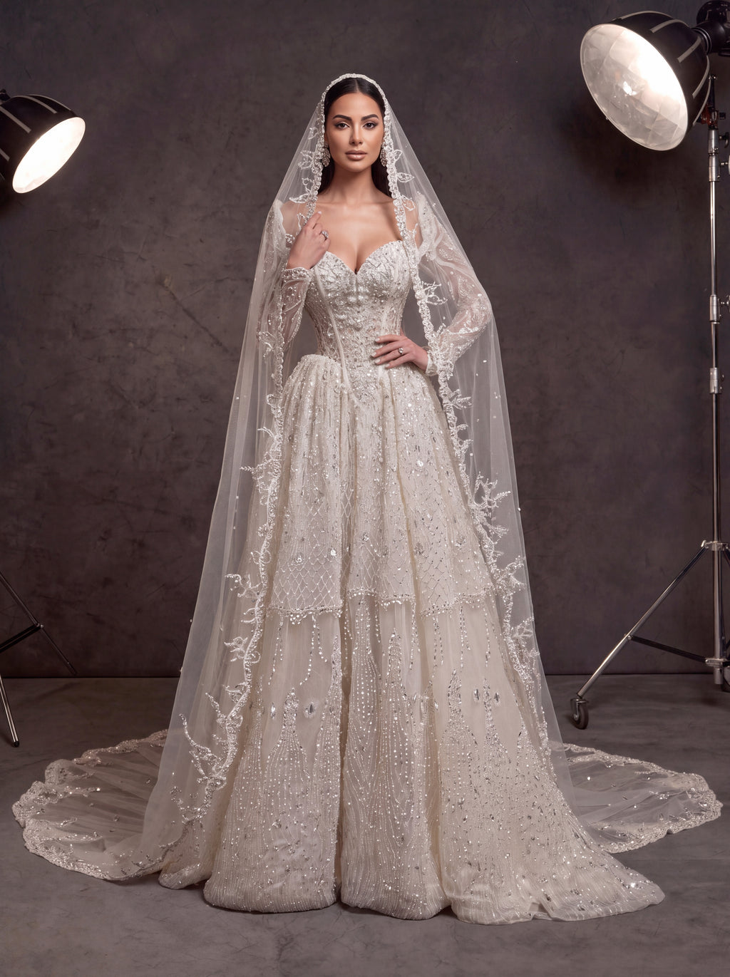 Ivory Crystal Beaded Corset Ball Gown Wedding Dress – Sweetheart Bridal Gown with Detachable Sleeves, Cathedral Veil & Train