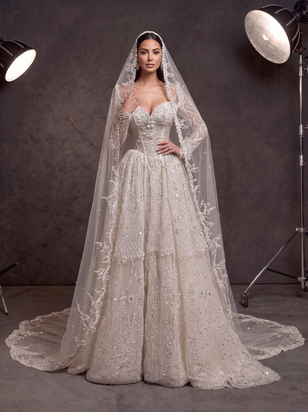Ivory Crystal Beaded Corset Ball Gown Wedding Dress – Sweetheart Bridal Gown with Detachable Sleeves, Cathedral Veil & Train
