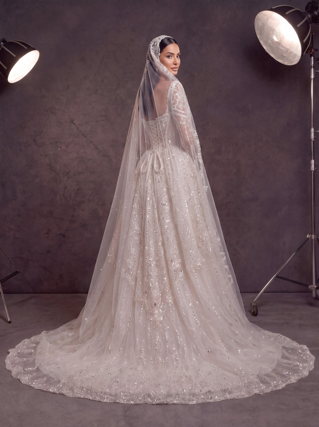Ivory Crystal Beaded Corset Ball Gown Wedding Dress – Sweetheart Bridal Gown with Detachable Sleeves, Cathedral Veil & Train