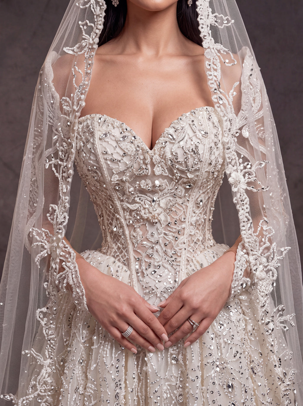 Ivory Crystal Beaded Corset Ball Gown Wedding Dress – Sweetheart Bridal Gown with Detachable Sleeves, Cathedral Veil & Train