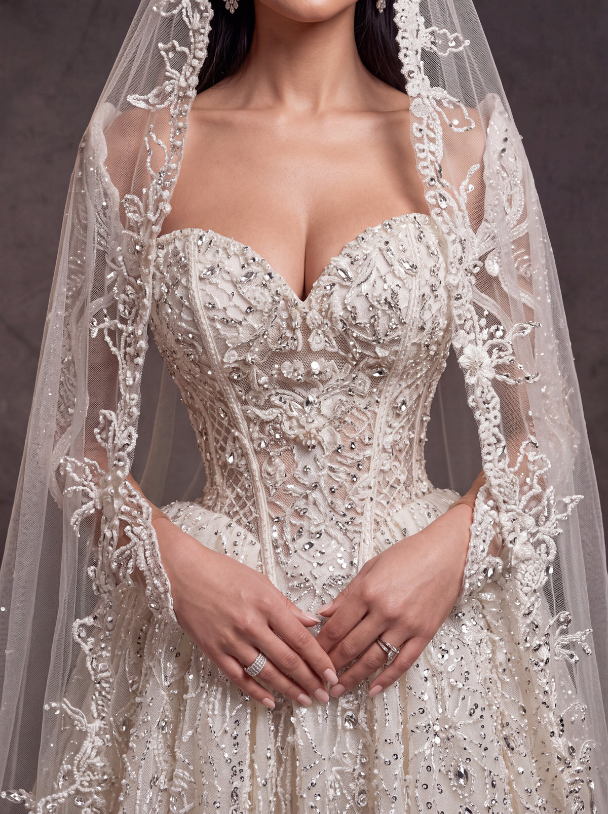 Ivory Crystal Beaded Corset Ball Gown Wedding Dress – Sweetheart Bridal Gown with Detachable Sleeves, Cathedral Veil & Train