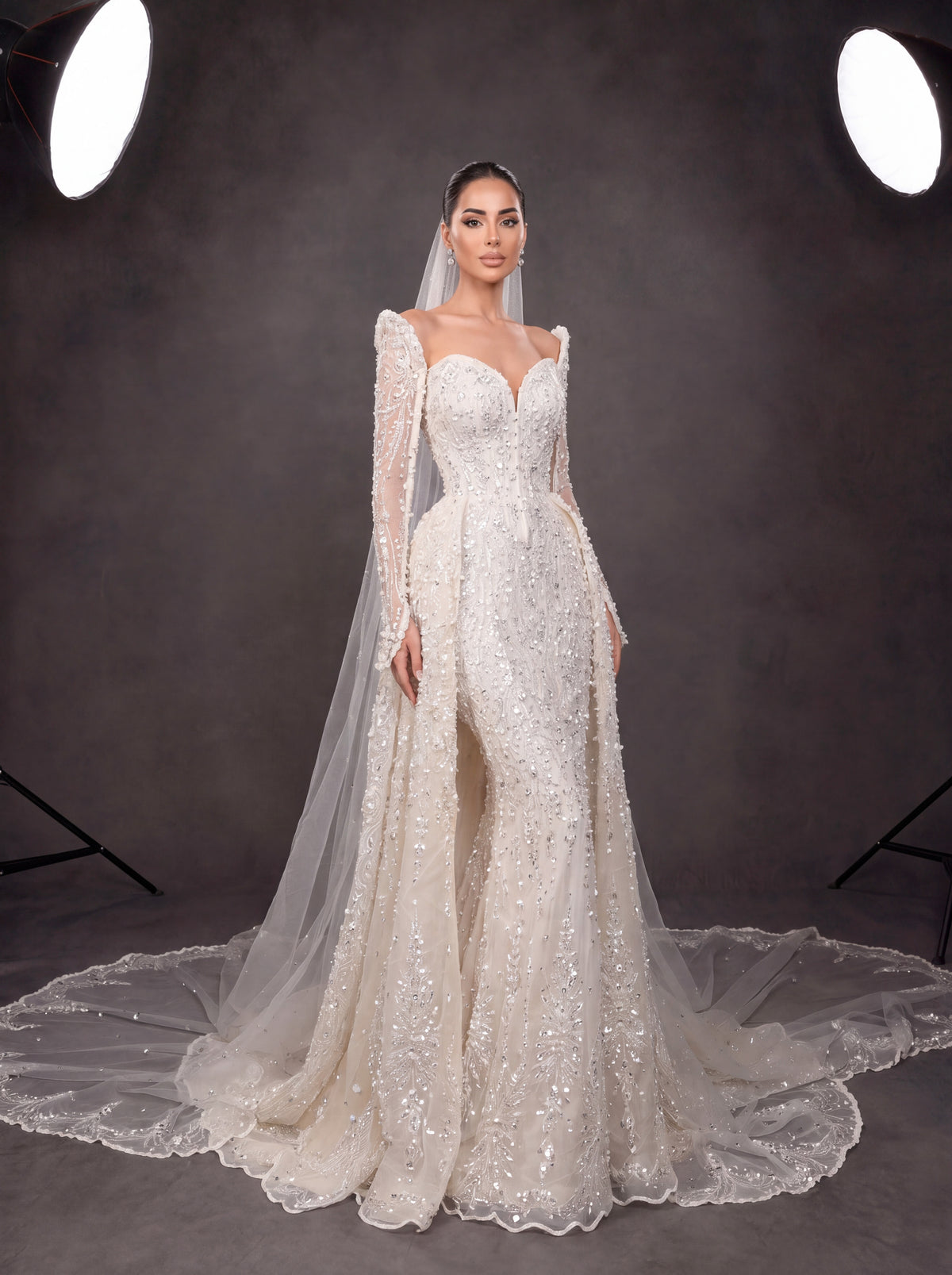 Ivory Crystal Embellished Long Sleeve Wedding Gown – Sweetheart Corset Bridal Dress with Cathedral Veil & Train