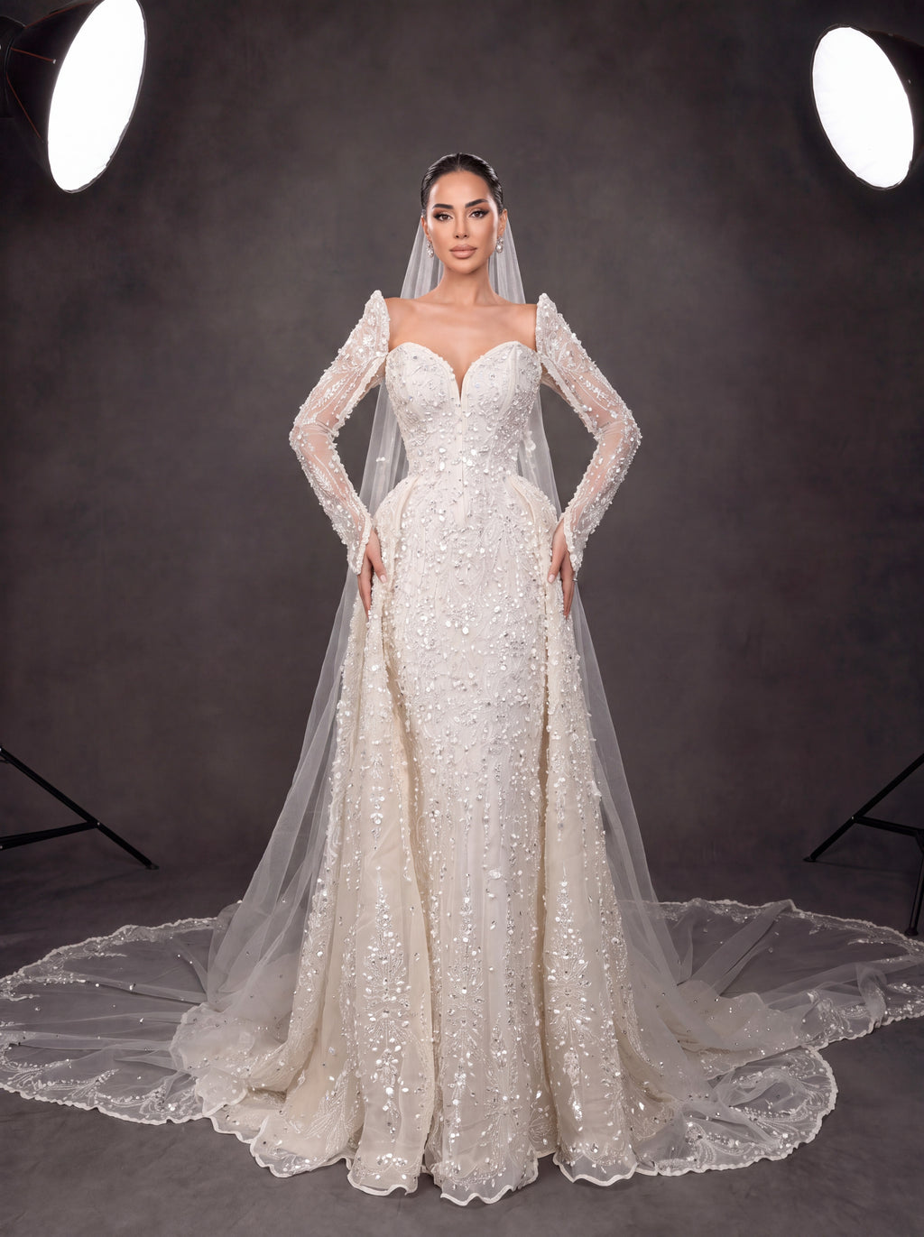 Ivory Crystal Embellished Long Sleeve Wedding Gown – Sweetheart Corset Bridal Dress with Cathedral Veil & Train