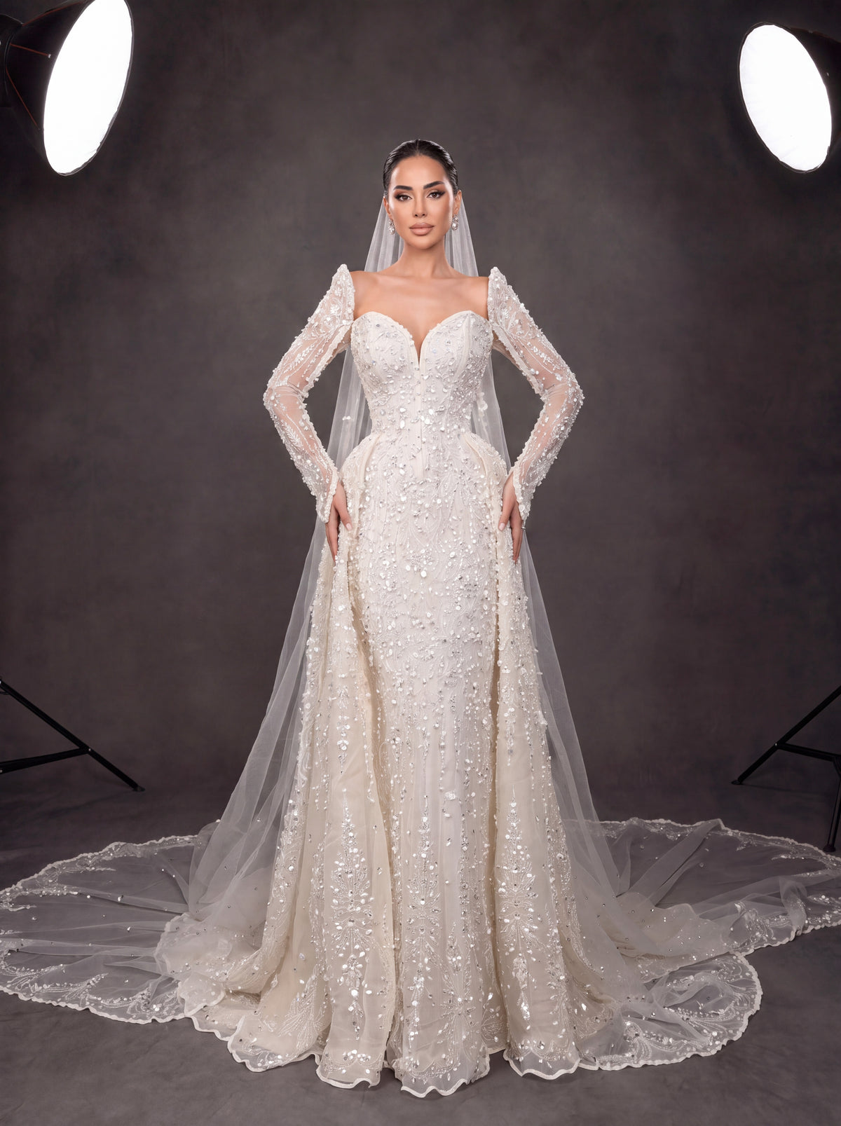 Ivory Crystal Embellished Long Sleeve Wedding Gown – Sweetheart Corset Bridal Dress with Cathedral Veil & Train