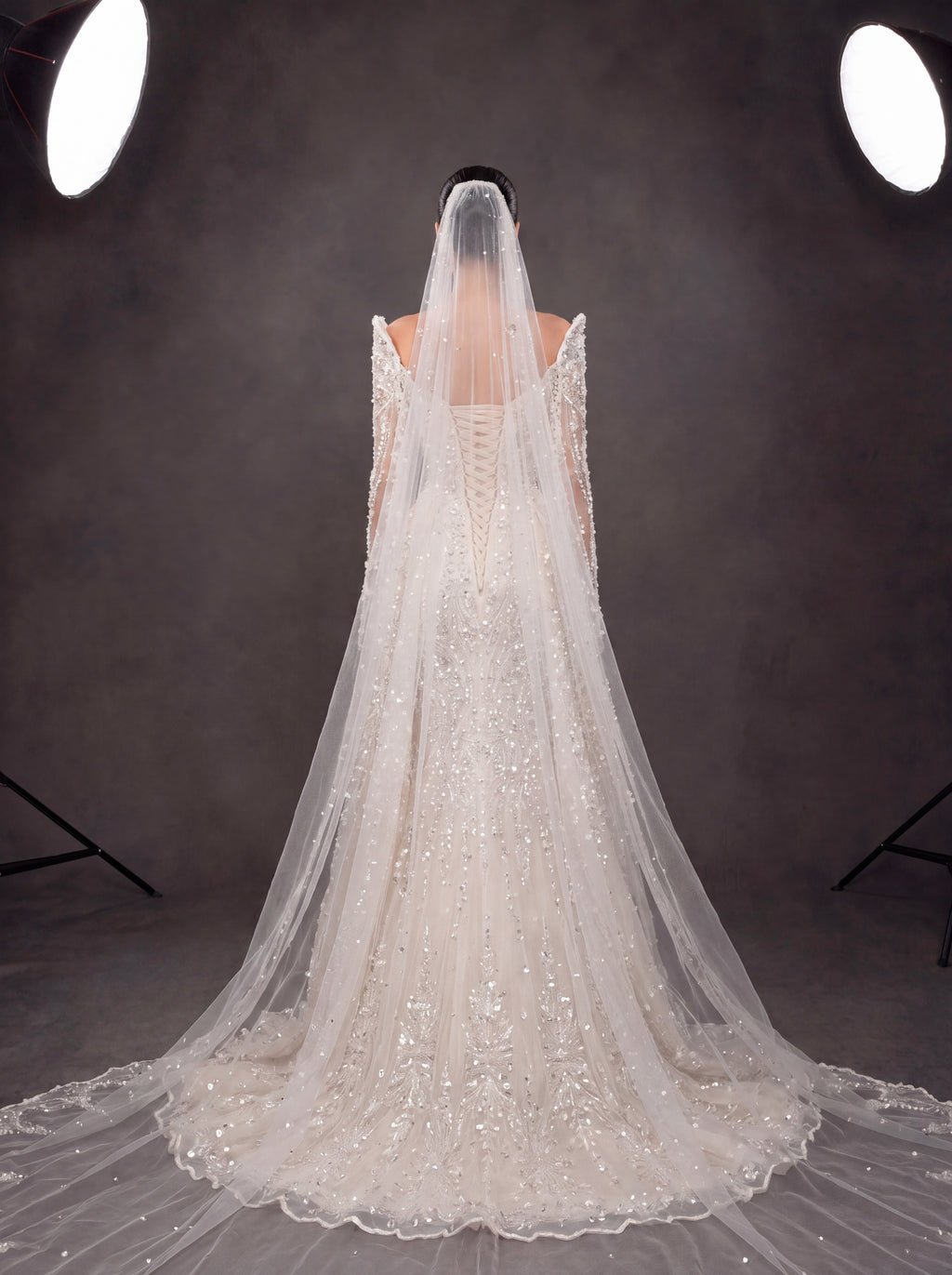 Ivory Crystal Embellished Long Sleeve Wedding Gown – Sweetheart Corset Bridal Dress with Cathedral Veil & Train