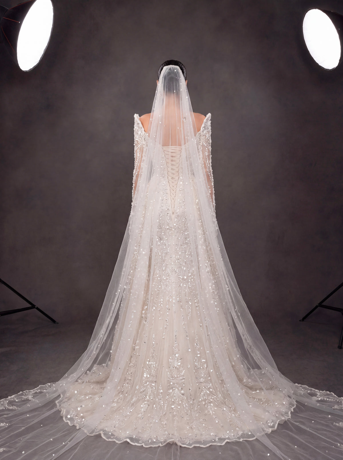 Ivory Crystal Embellished Long Sleeve Wedding Gown – Sweetheart Corset Bridal Dress with Cathedral Veil & Train