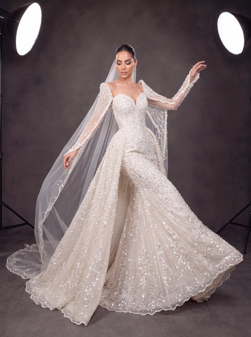 Ivory Crystal Embellished Long Sleeve Wedding Gown – Sweetheart Corset Bridal Dress with Cathedral Veil & Train