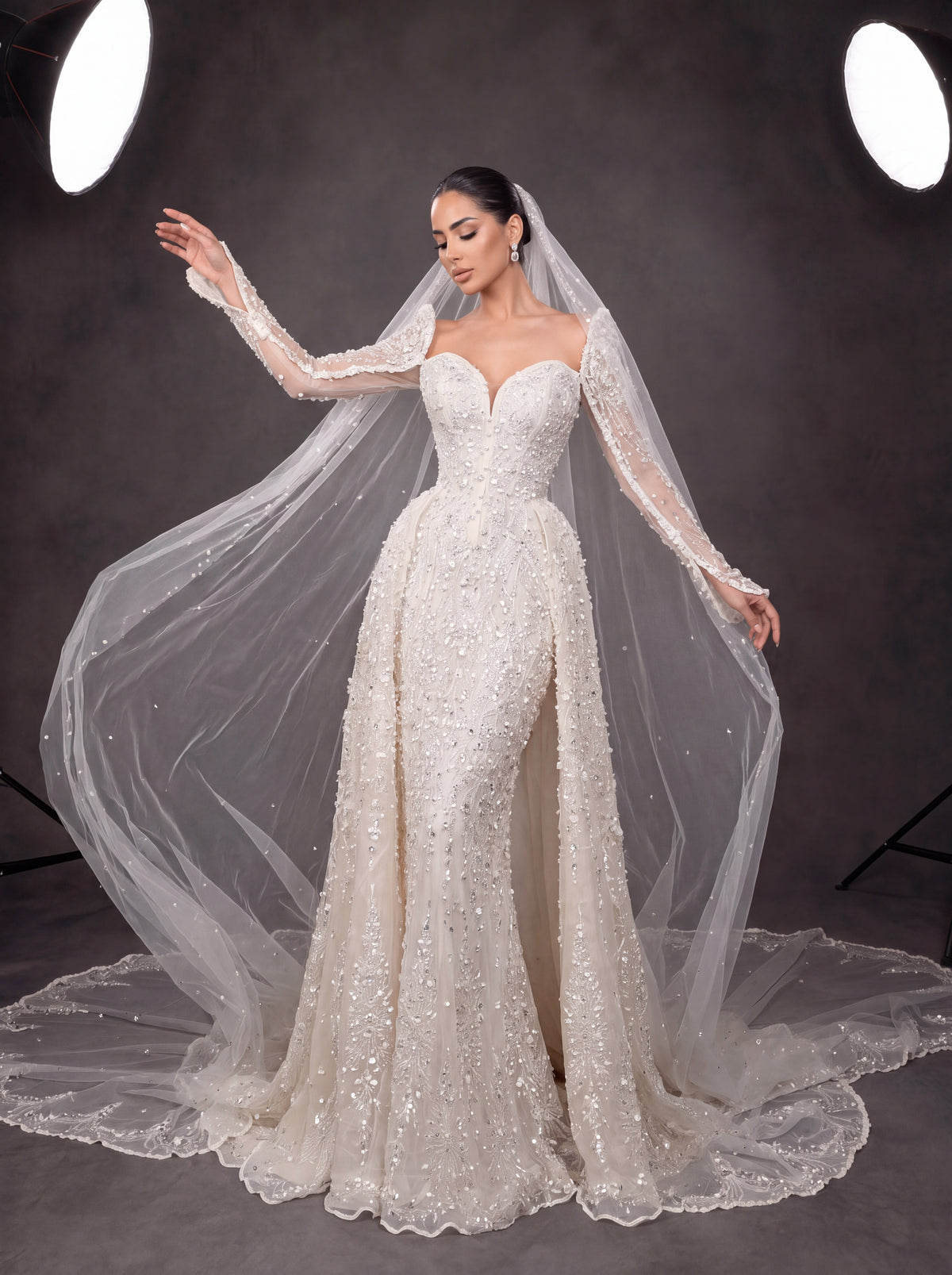 Ivory Crystal Embellished Long Sleeve Wedding Gown – Sweetheart Corset Bridal Dress with Cathedral Veil & Train