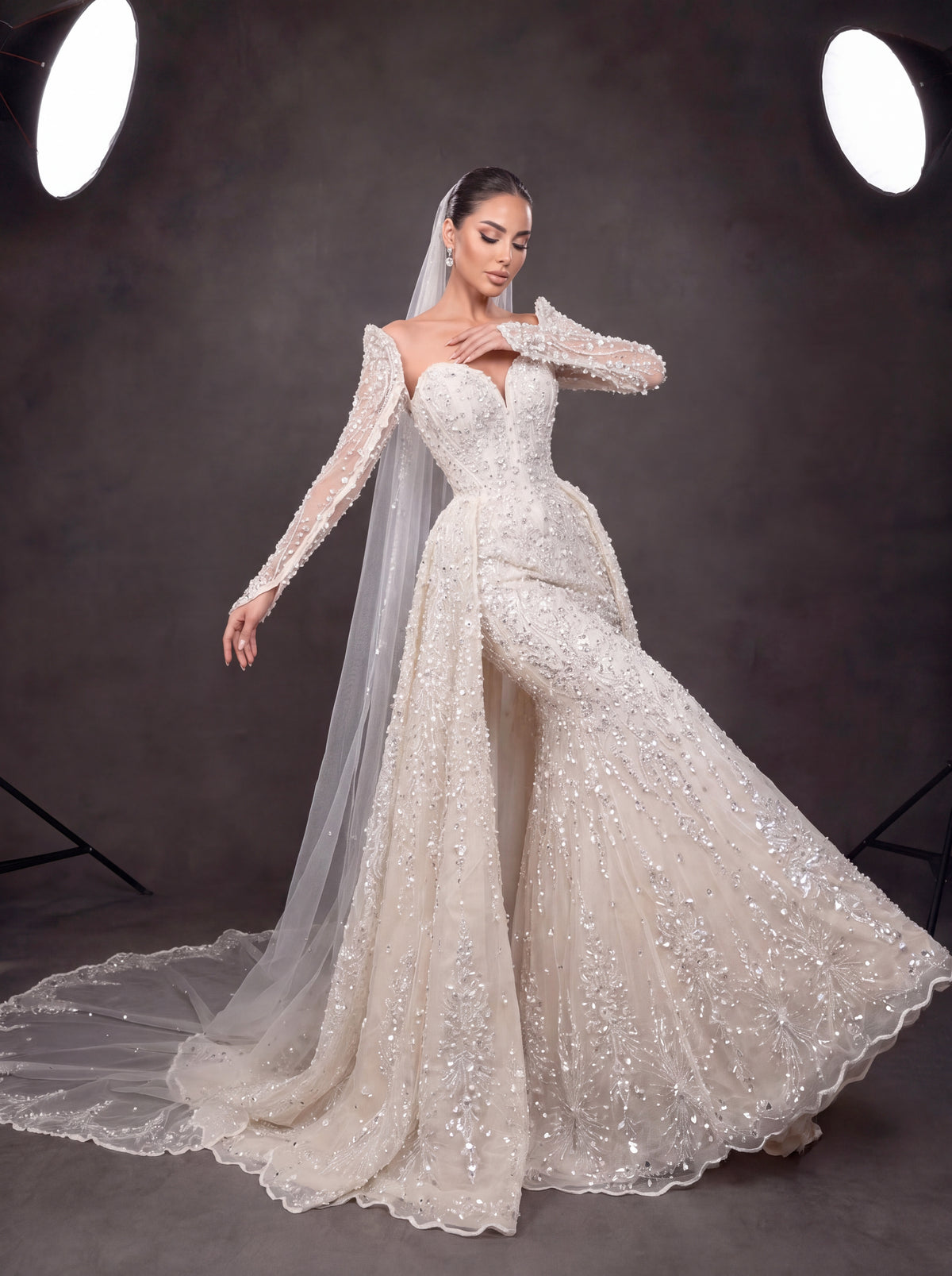 Ivory Crystal Embellished Long Sleeve Wedding Gown – Sweetheart Corset Bridal Dress with Cathedral Veil & Train
