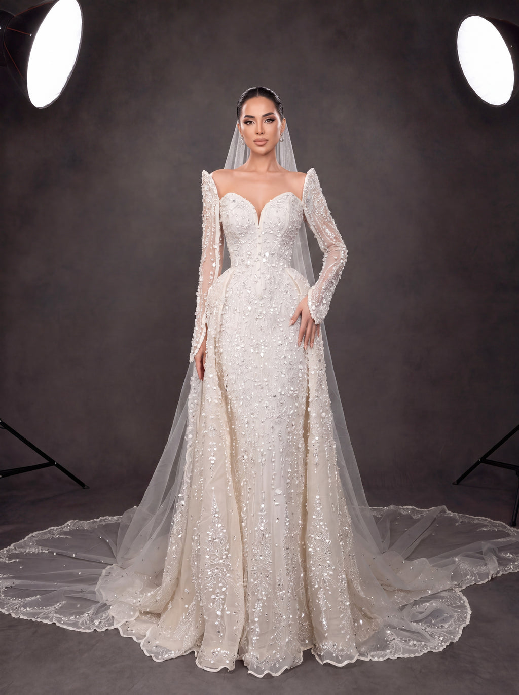 Ivory Crystal Embellished Long Sleeve Wedding Gown – Sweetheart Corset Bridal Dress with Cathedral Veil & Train