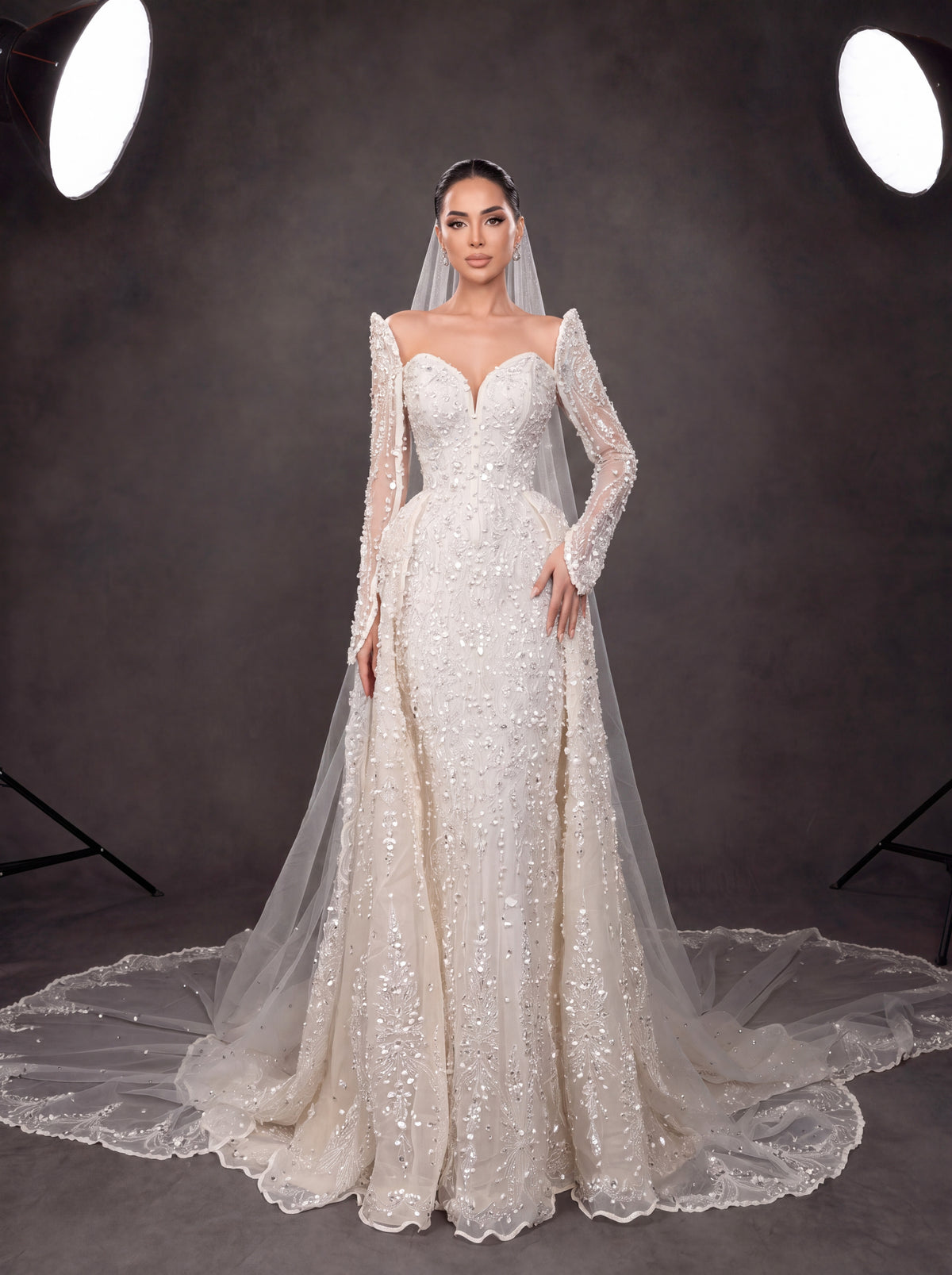 Ivory Crystal Embellished Long Sleeve Wedding Gown – Sweetheart Corset Bridal Dress with Cathedral Veil & Train