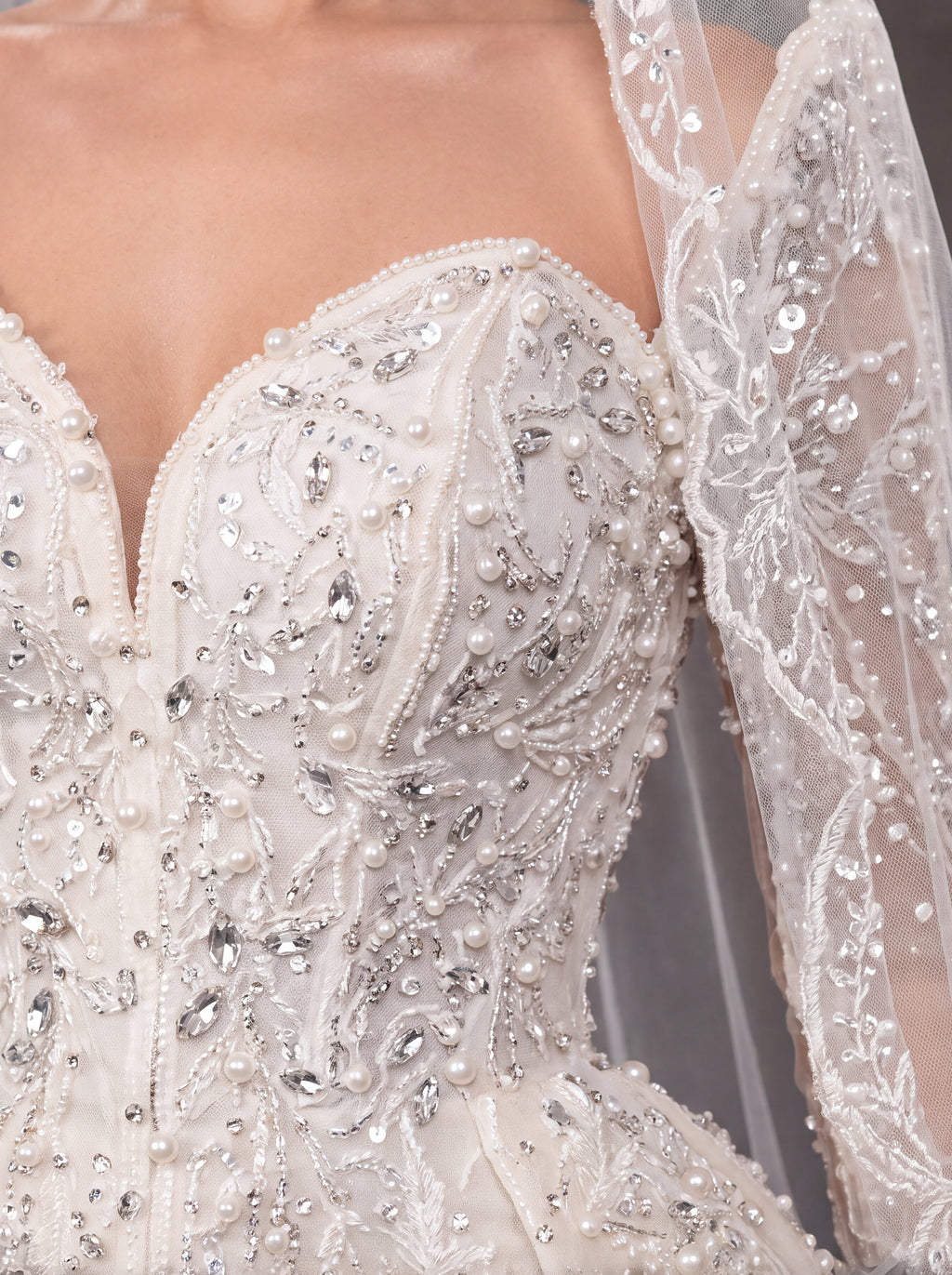 Ivory Crystal Embellished Long Sleeve Wedding Gown – Sweetheart Corset Bridal Dress with Cathedral Veil & Train