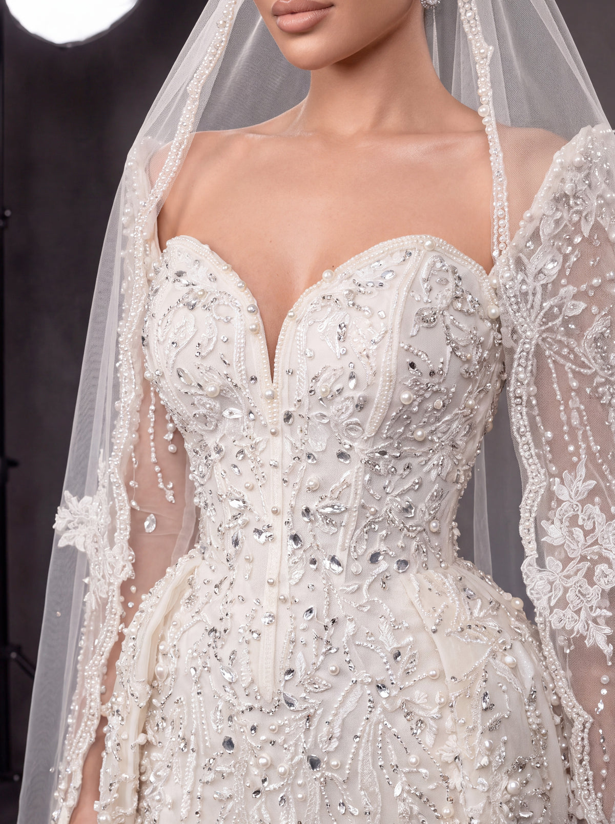 Ivory Crystal Embellished Long Sleeve Wedding Gown – Sweetheart Corset Bridal Dress with Cathedral Veil & Train
