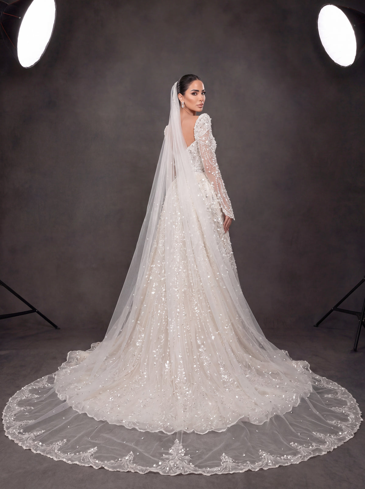 Ivory Crystal Embellished Long Sleeve Wedding Gown – Sweetheart Corset Bridal Dress with Cathedral Veil & Train