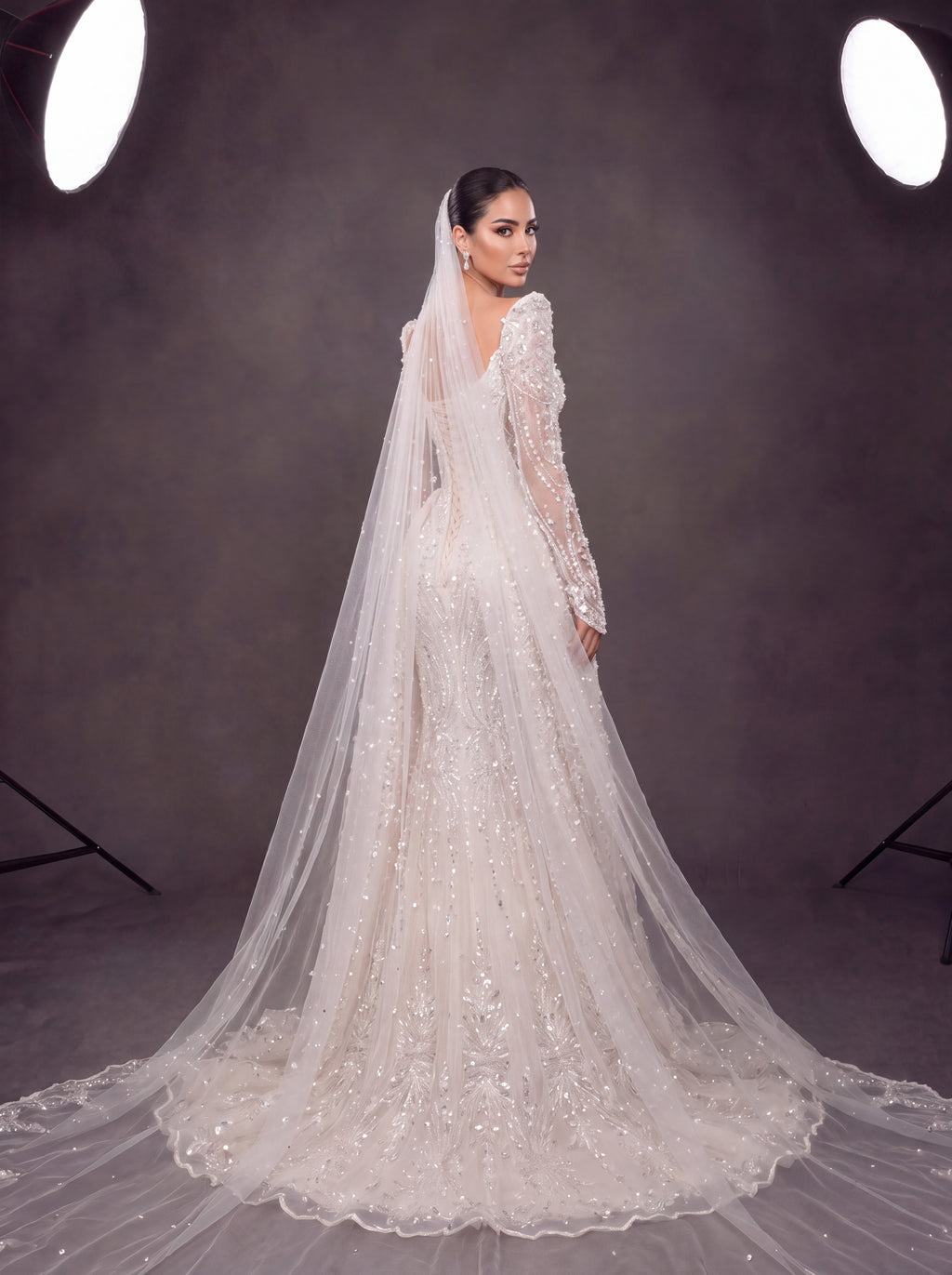 Ivory Crystal Embellished Long Sleeve Wedding Gown – Sweetheart Corset Bridal Dress with Cathedral Veil & Train