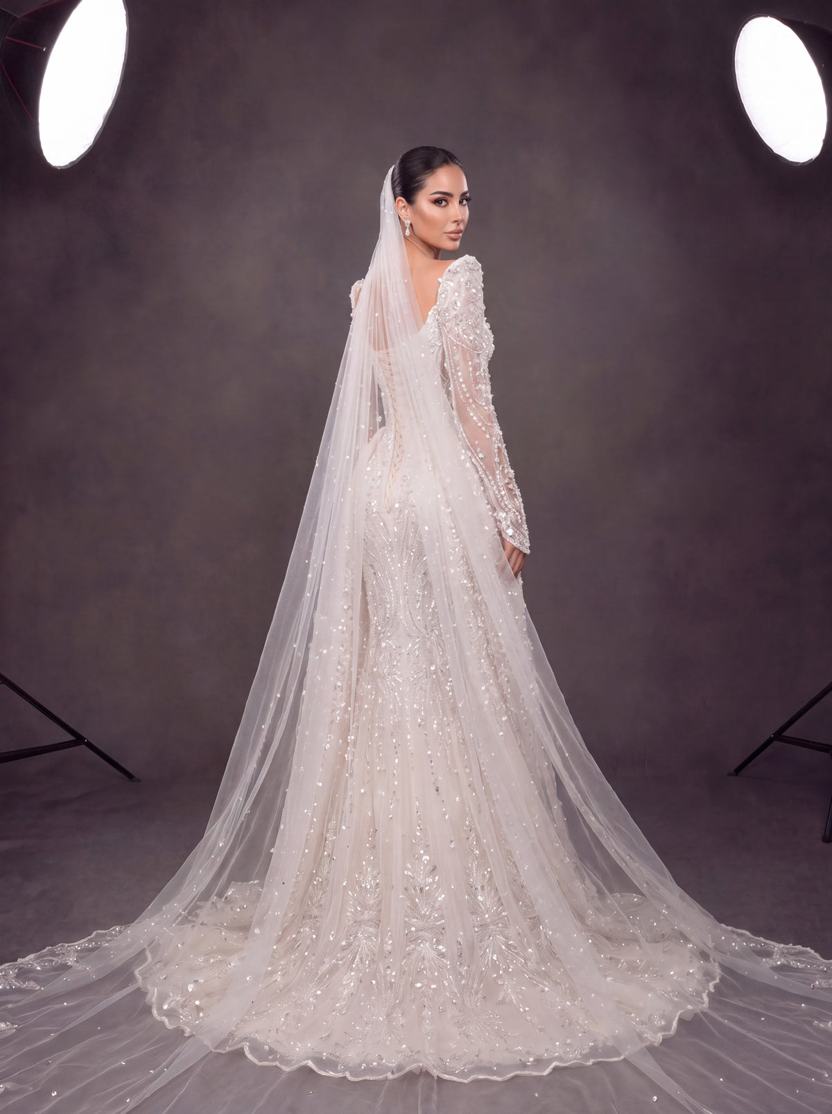 Ivory Crystal Embellished Long Sleeve Wedding Gown – Sweetheart Corset Bridal Dress with Cathedral Veil & Train