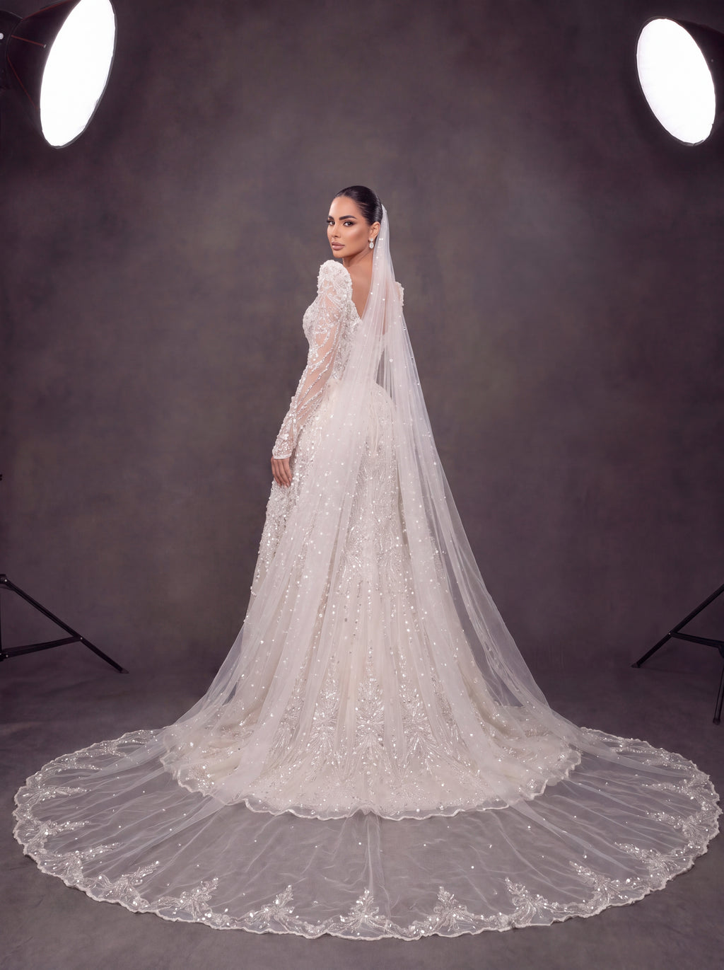 Ivory Crystal Embellished Long Sleeve Wedding Gown – Sweetheart Corset Bridal Dress with Cathedral Veil & Train