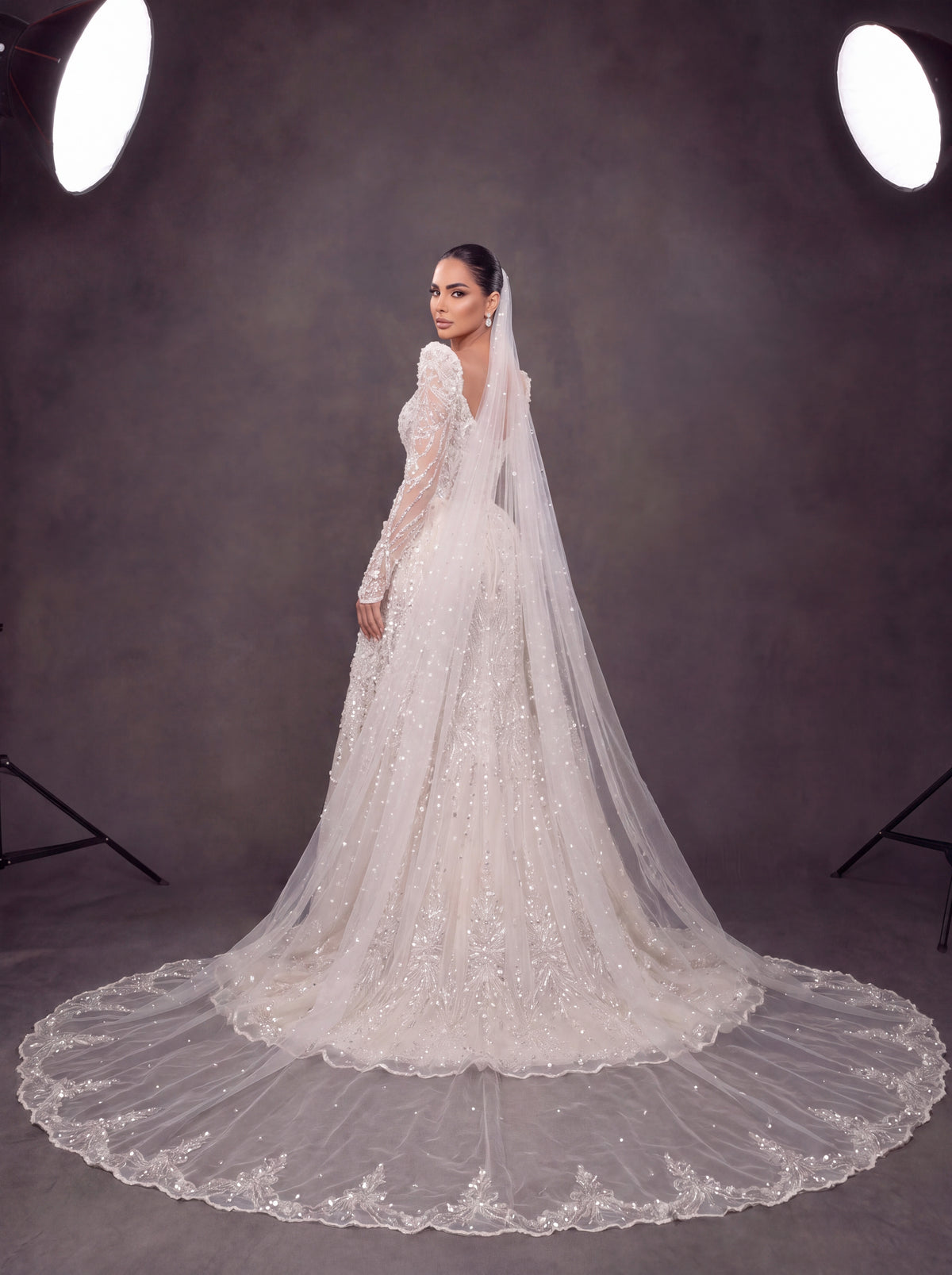 Ivory Crystal Embellished Long Sleeve Wedding Gown – Sweetheart Corset Bridal Dress with Cathedral Veil & Train