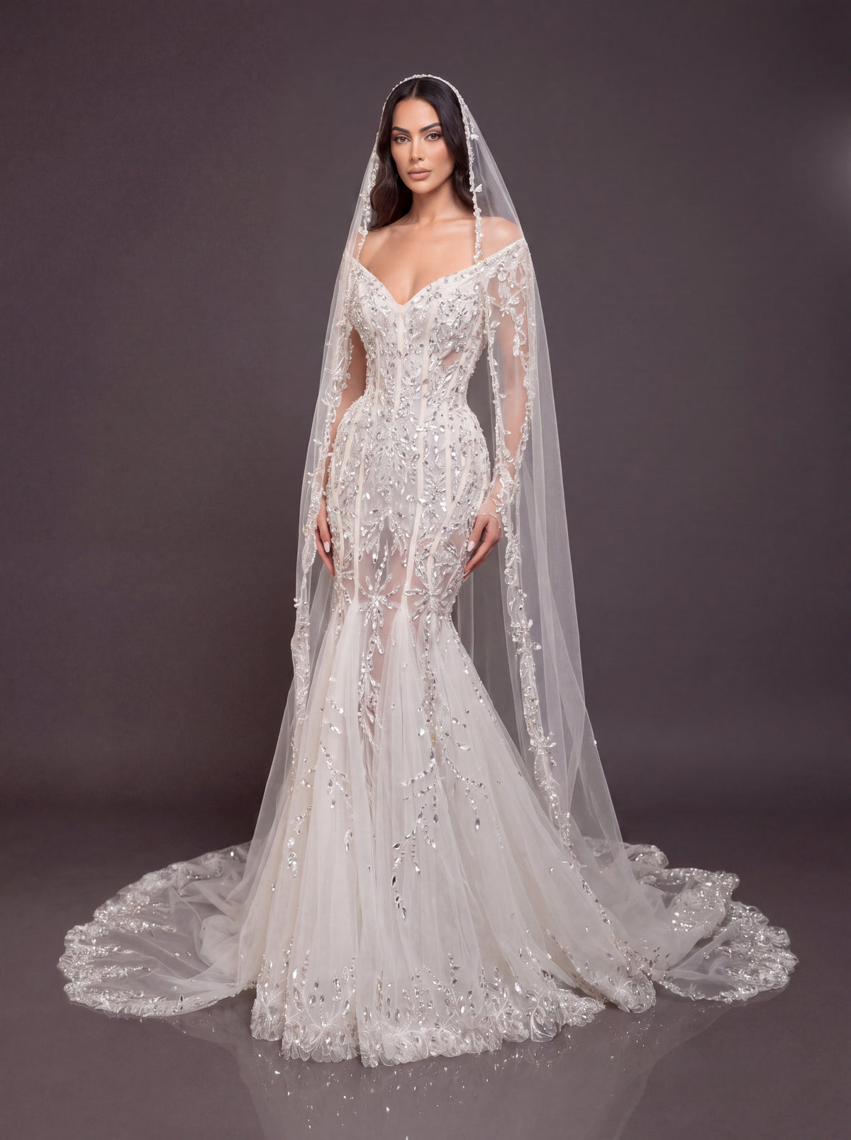 Ivory Crystal Embellished Mermaid Wedding Gown & Cathedral Veil – Off-Shoulder Corset Bridal Dress with Long Sleeves & Cathedral Veil