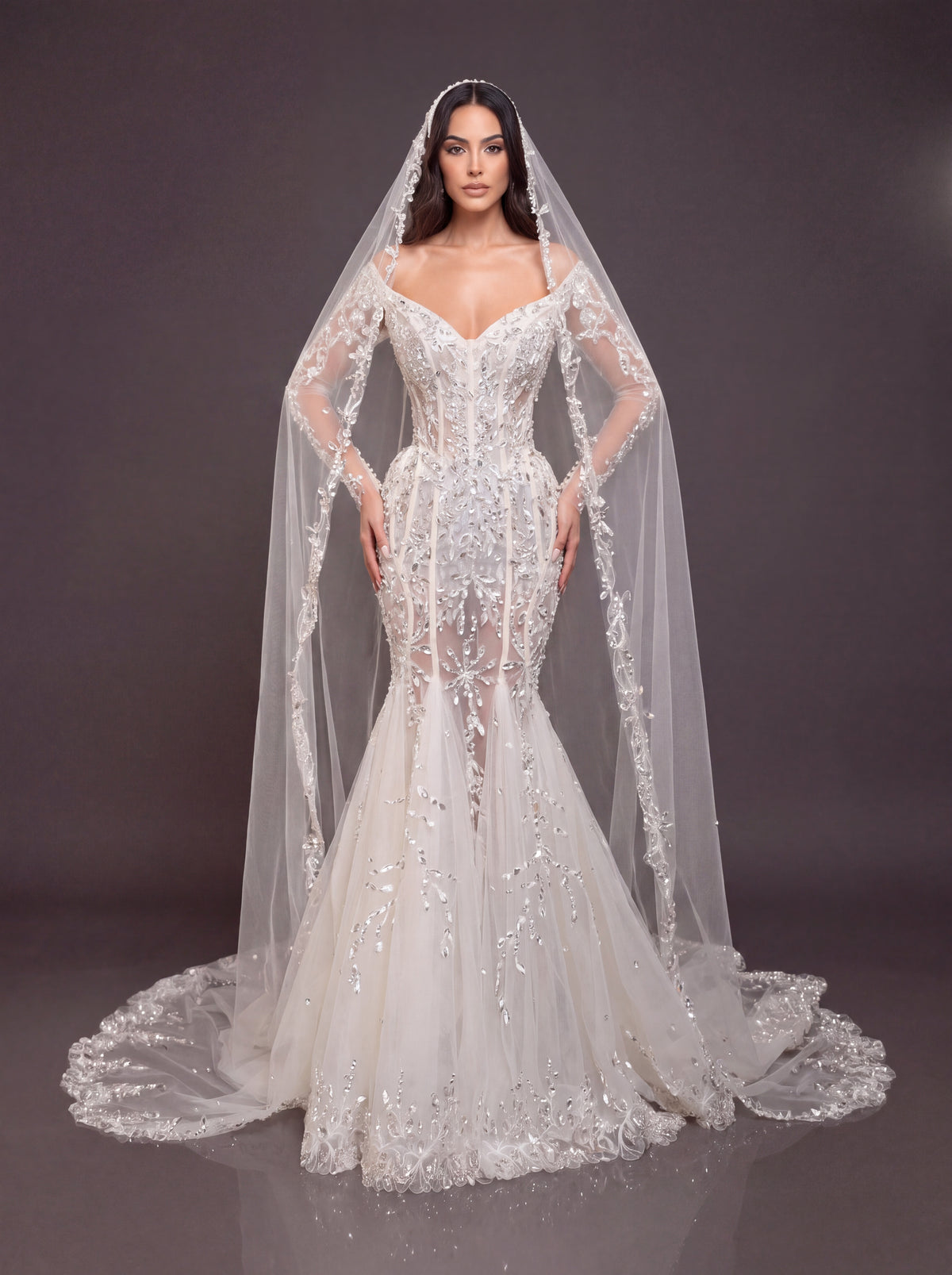 Ivory Crystal Embellished Mermaid Wedding Gown & Cathedral Veil – Off-Shoulder Corset Bridal Dress with Long Sleeves & Cathedral Veil