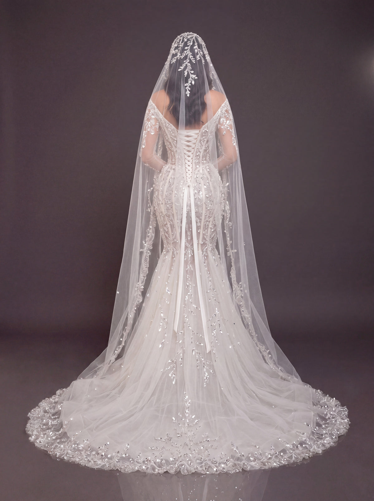 Ivory Crystal Embellished Mermaid Wedding Gown & Cathedral Veil – Off-Shoulder Corset Bridal Dress with Long Sleeves & Cathedral Veil